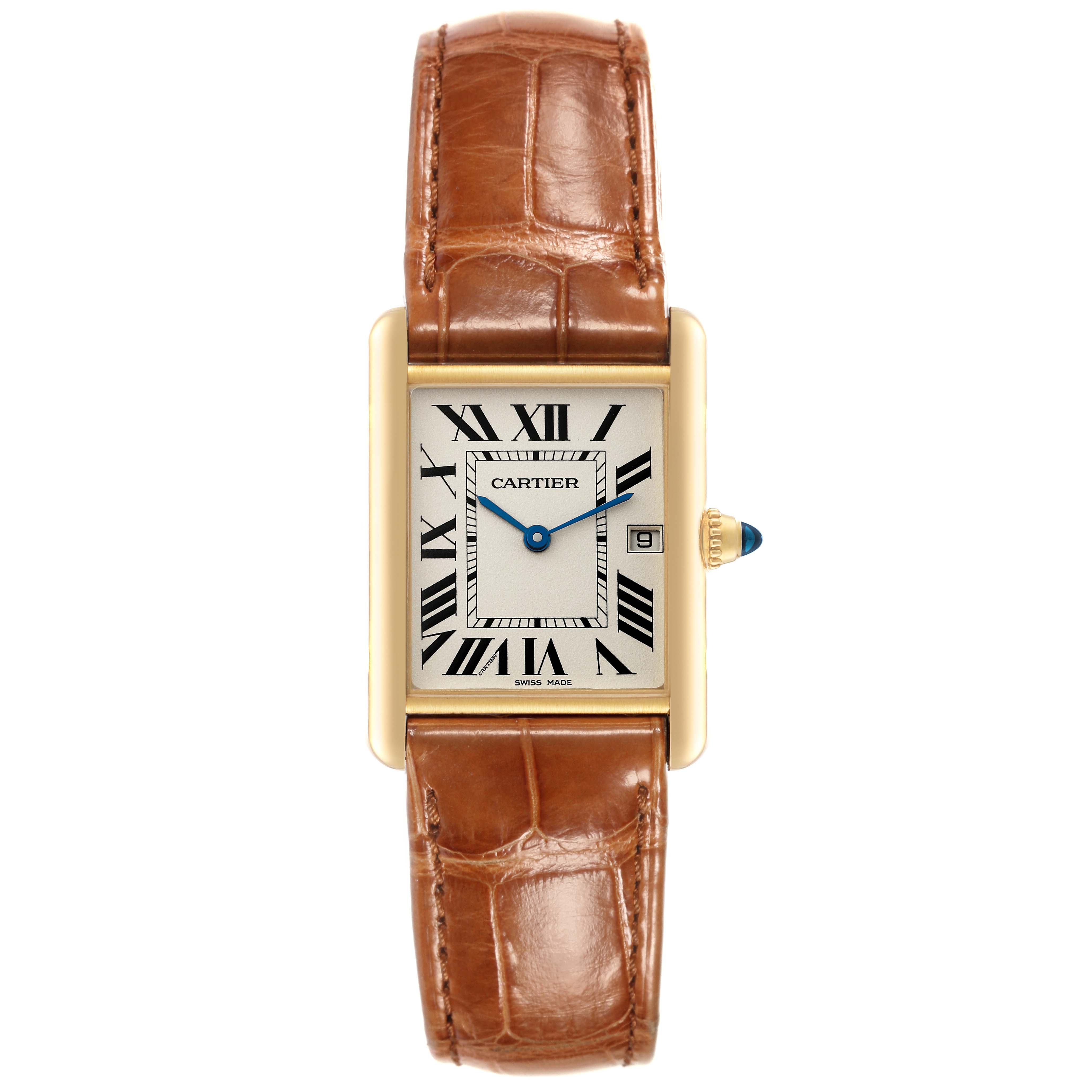 The image shows a Cartier Tank Louis W1529756 Men's Yellow Gold Silver Dial W1529756 Men's Yellow Gold Silver Dial watch from a front view, featuring its rectangular face, Roman numeral dial, and brown leather strap.