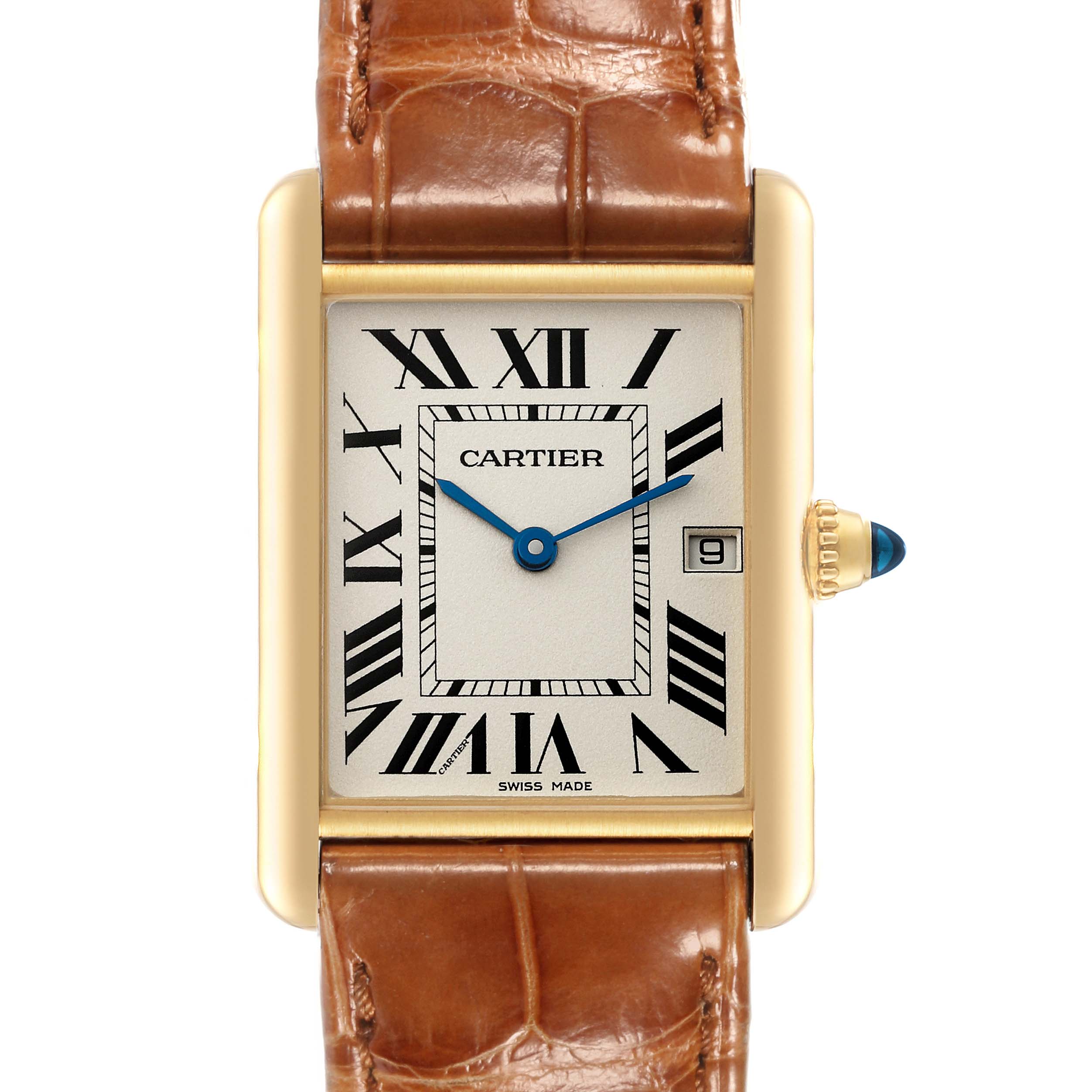 This image shows a Cartier Tank Louis W1529756 Men's Yellow Gold Silver Dial W1529756 Men's Yellow Gold Silver Dial watch from a front angle, displaying the dial, case, and part of the leather strap.