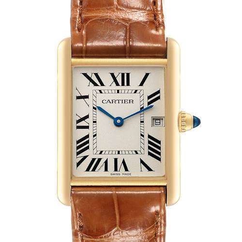 The Tank Louis model by Cartier is shown from a frontal angle, highlighting its leather strap, rectangular case, Roman numeral dial, and date window.