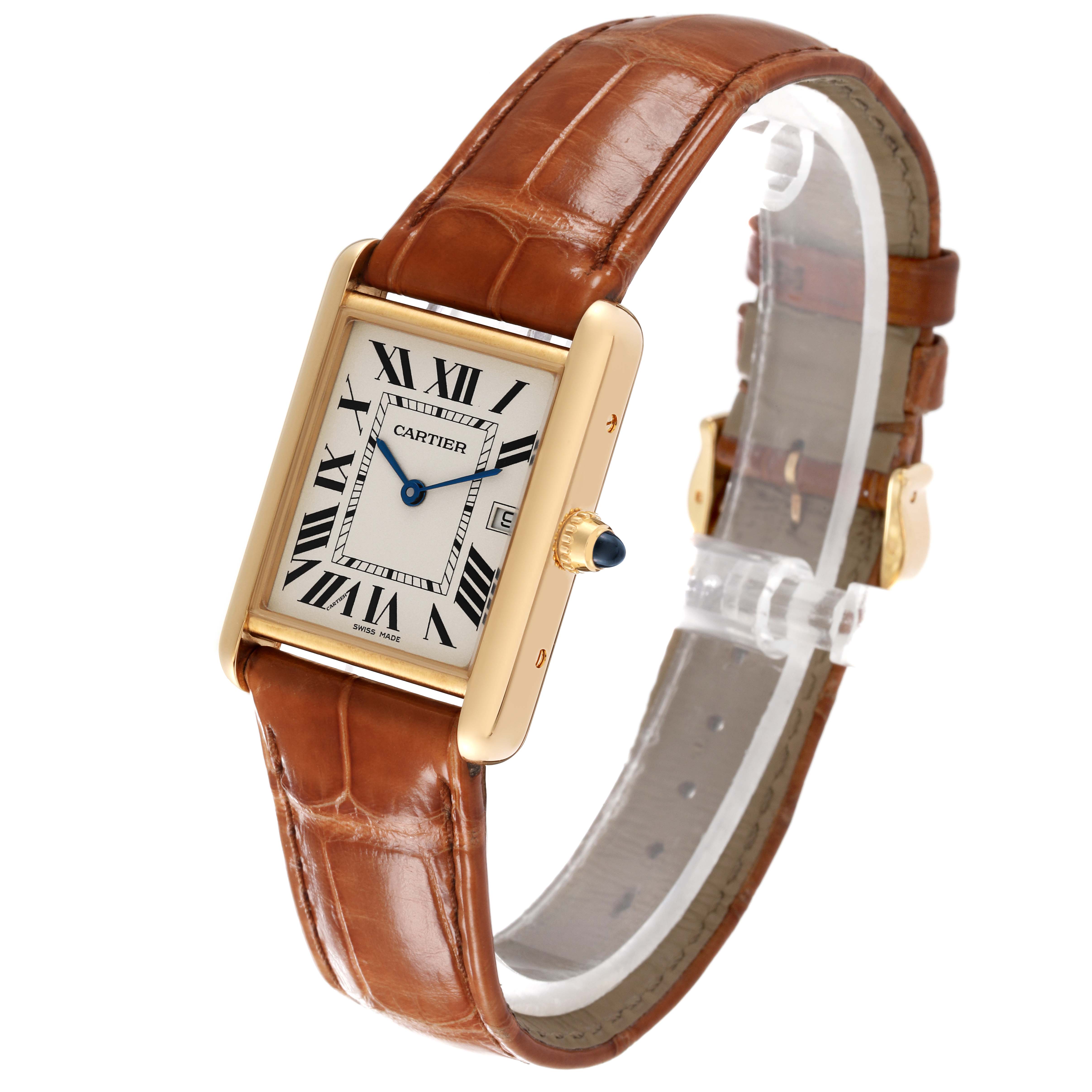 The image shows a Tank Louis Cartier watch with a gold case, brown leather strap, and blue hands, viewed from an angled side perspective.