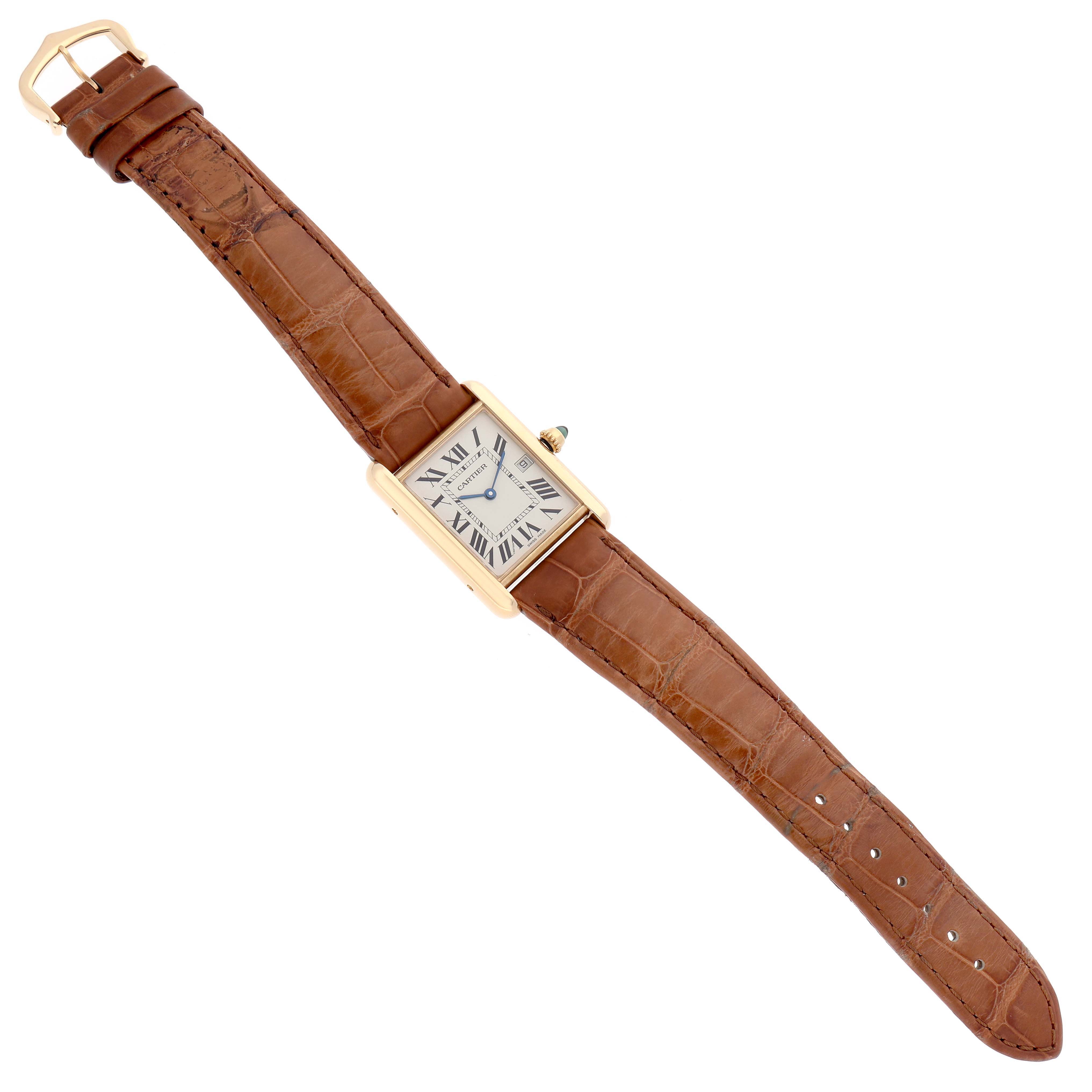 The image shows a top-down view of the Cartier Tank Louis W1529756 Men's Yellow Gold Silver Dial W1529756 Men's Yellow Gold Silver Dial model with a brown leather strap and rectangular gold case.