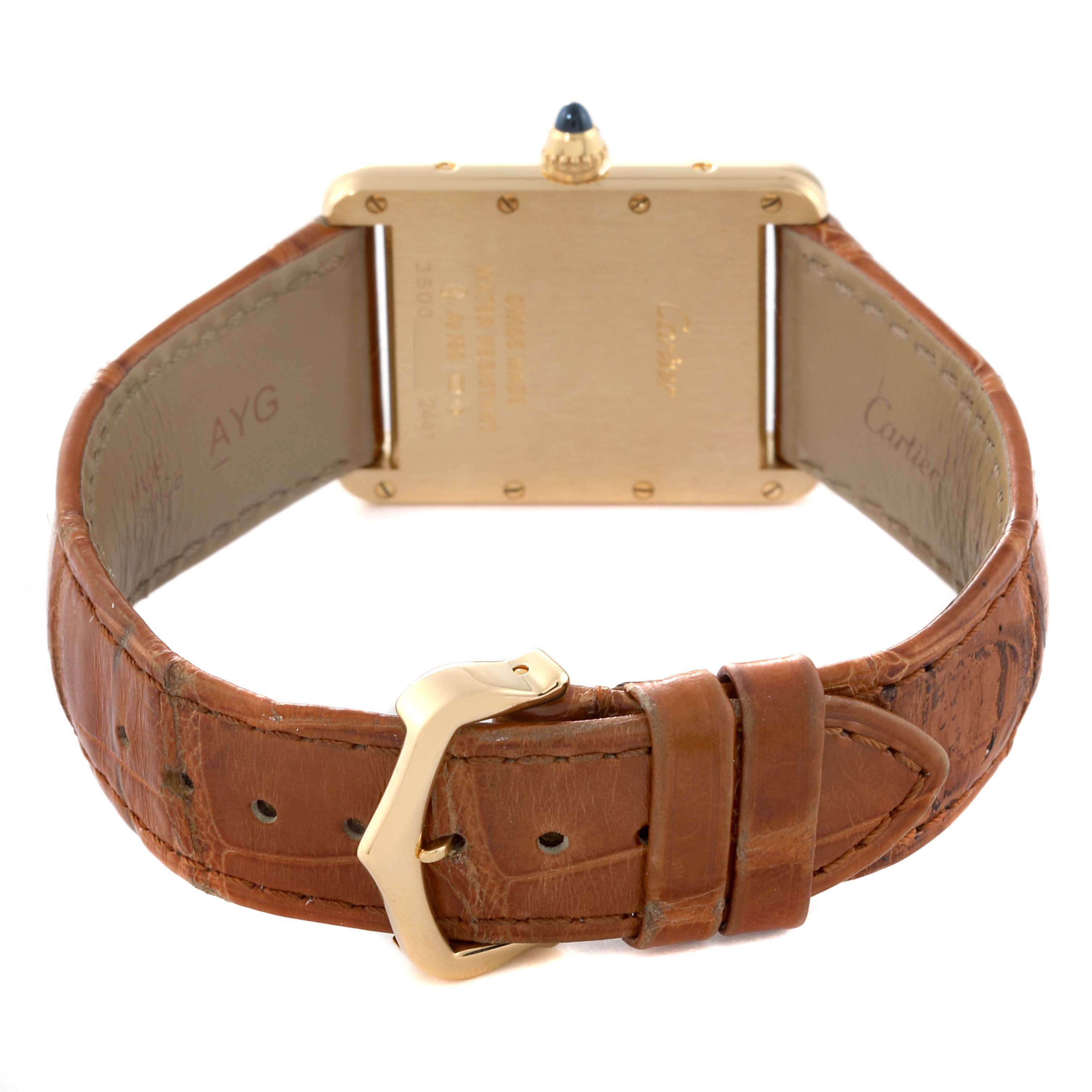 The image shows the back of the Cartier Tank Louis W1529756 Men's Yellow Gold Silver Dial W1529756 Men's Yellow Gold Silver Dial watch with its brown leather strap and gold buckle.