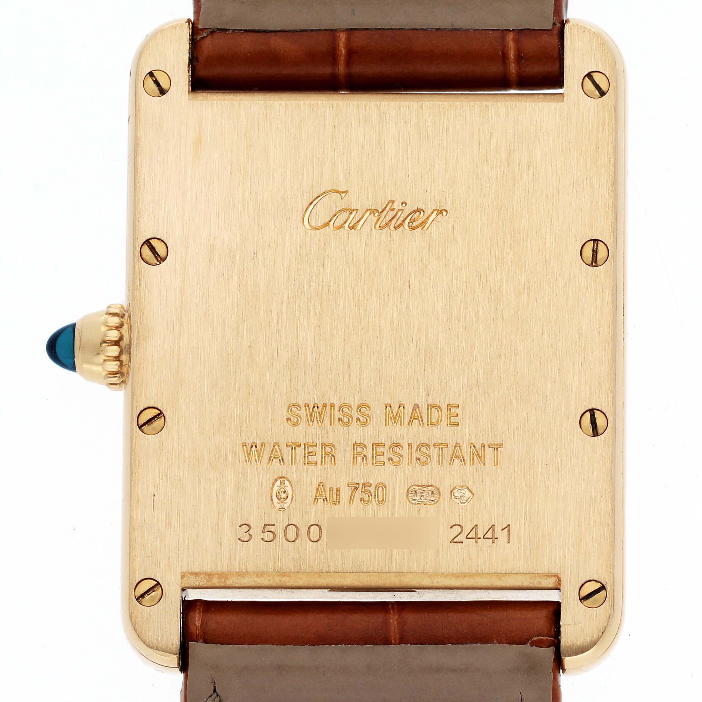 This image shows the back case of the Cartier Tank Louis W1529756 Men's Yellow Gold Silver Dial W1529756 Men's Yellow Gold Silver Dial watch with engravings and a leather strap attached.