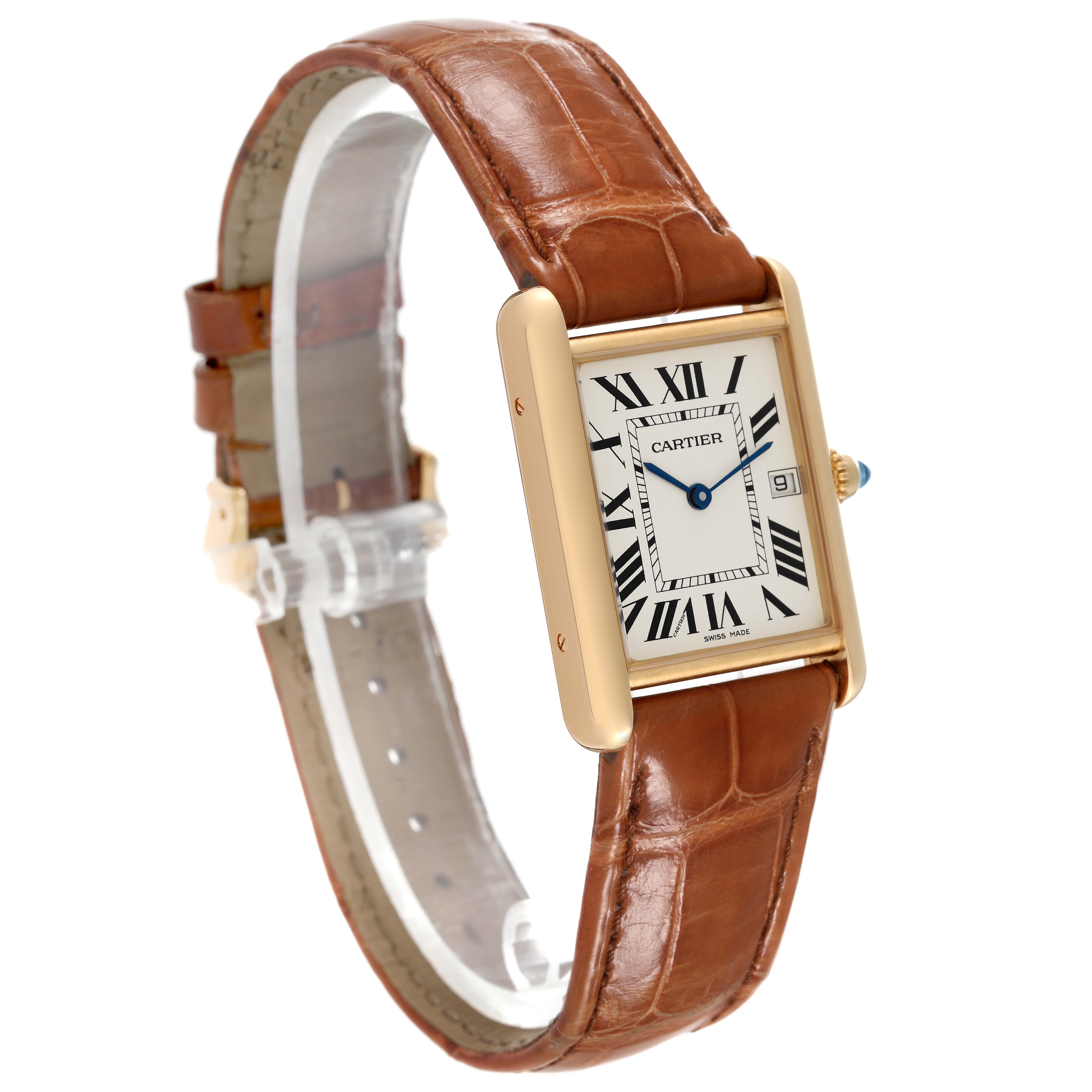 The image shows a Cartier Tank Louis W1529756 Men's Yellow Gold Silver Dial W1529756 Men's Yellow Gold Silver Dial watch at a three-quarter angle, highlighting its rectangular face, leather strap, and gold casing.