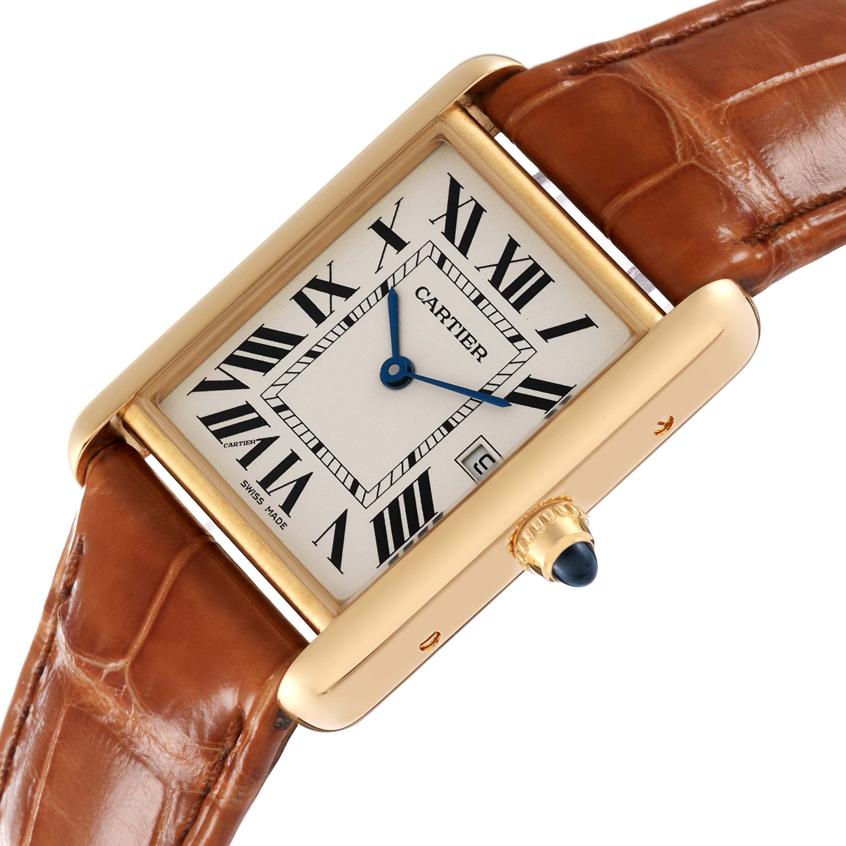 This image shows a top-down view of the Cartier Tank Louis W1529756 Men's Yellow Gold Silver Dial W1529756 Men's Yellow Gold Silver Dial watch, highlighting its gold case, Roman numerals, and brown leather strap.