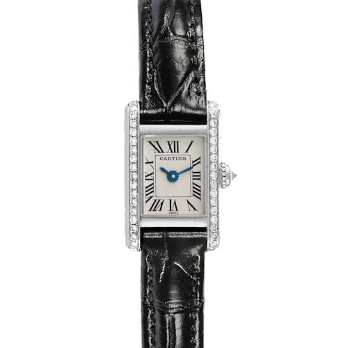 The image shows a front view of the Cartier Tank Américaine watch, highlighting its rectangular dial, leather strap, and diamond-set bezel.