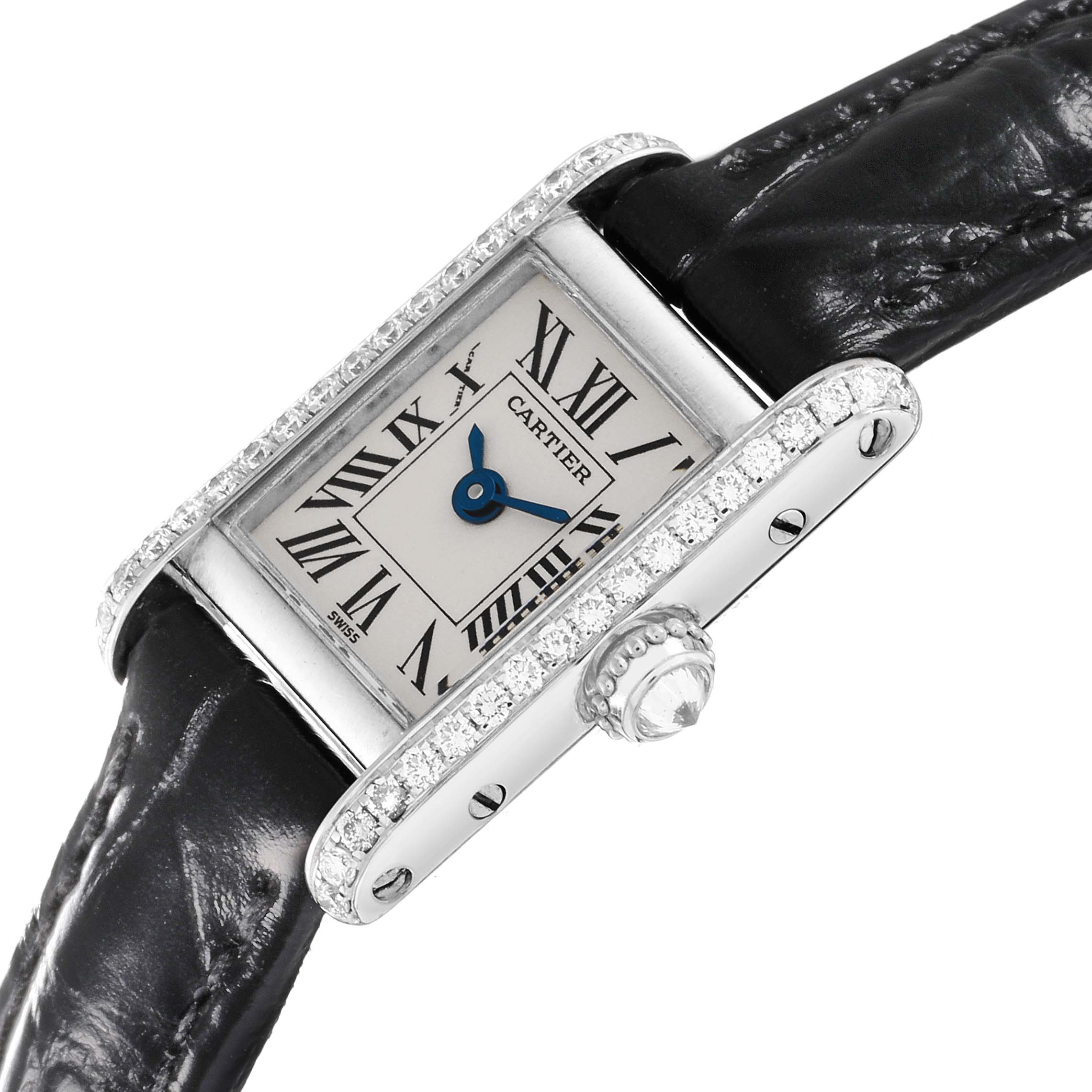 The Cartier Tank Americaine 1371 Women's White Gold Silver Dial 1371 Women's White Gold Silver Dial watch is shown at an angle displaying its rectangular face, crown, and black leather strap.