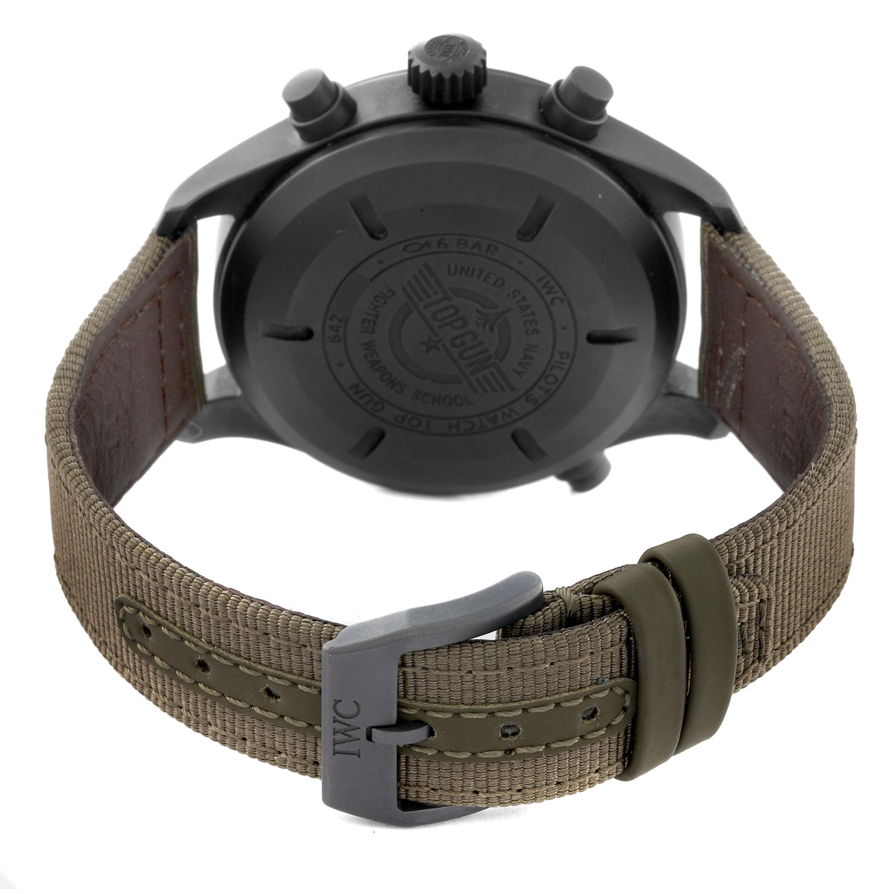 The image shows the back case and khaki fabric strap of the IWC Pilot IW371815 Men's Titanium Black Dial IW371815 Men's Titanium Black Dial watch model, including the clasp.