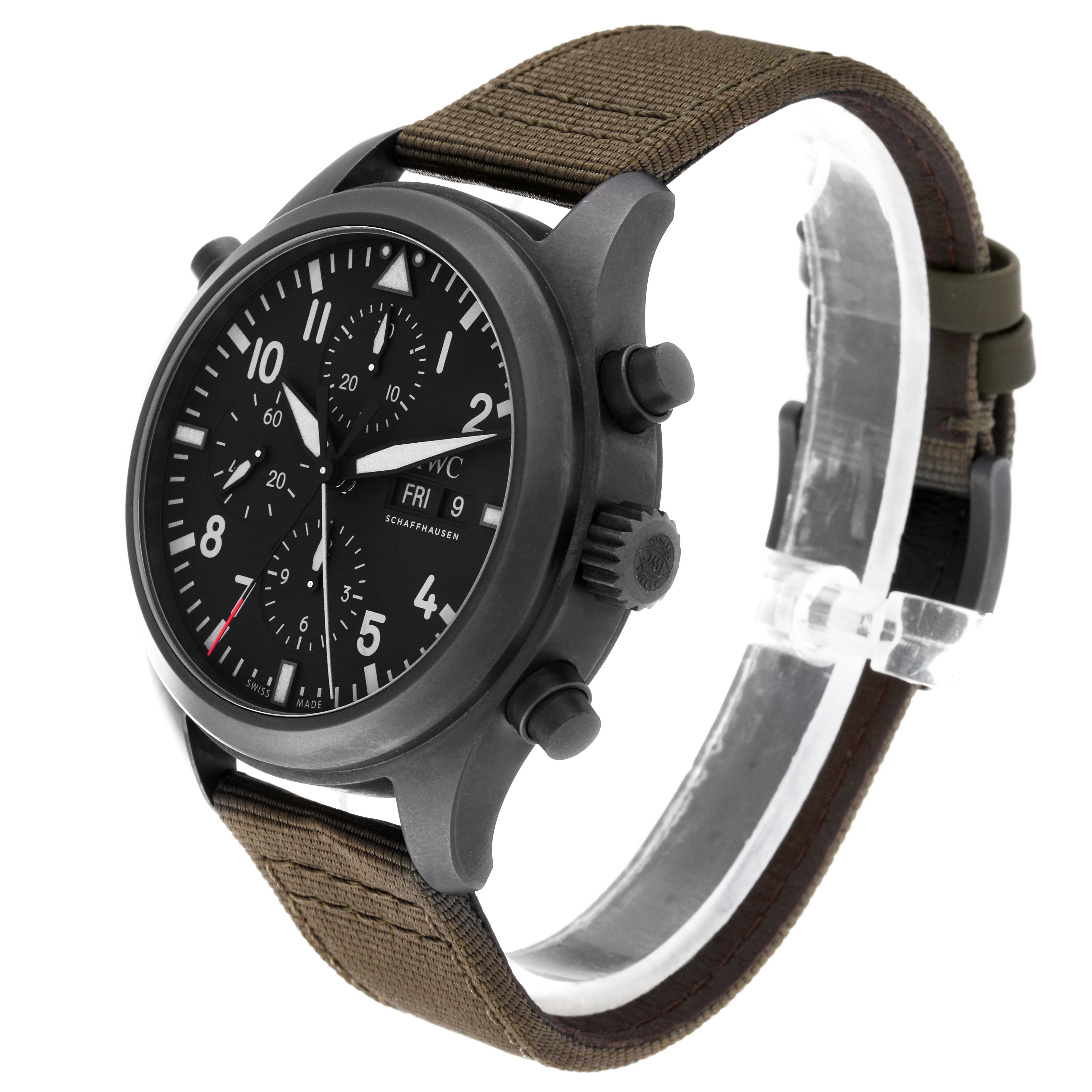 The image shows a side angle view of an IWC Pilot IW371815 Men's Titanium Black Dial IW371815 Men's Titanium Black Dial model watch with a fabric strap and black dial.