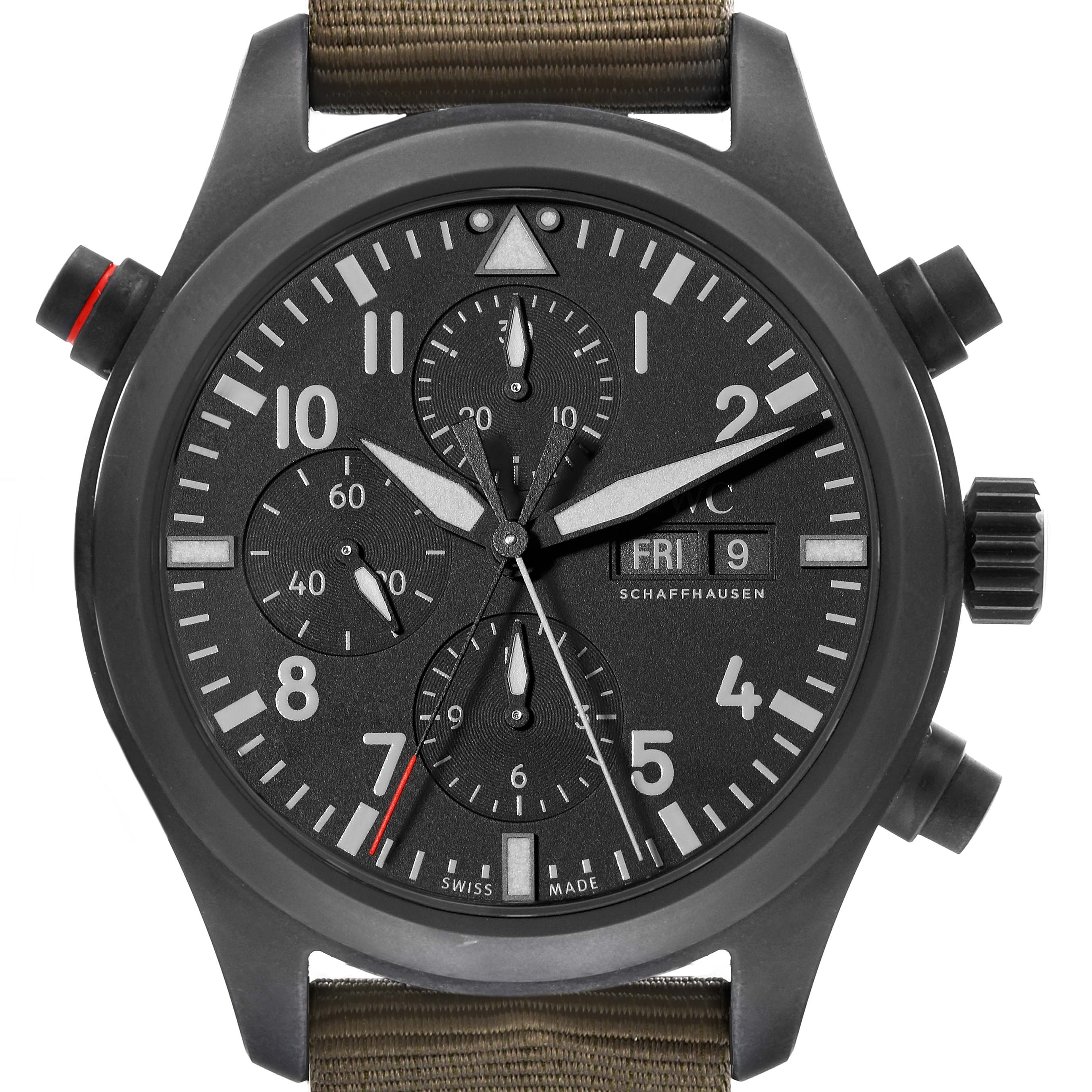 The image shows a front view of an IWC Pilot IW371815 Men's Titanium Black Dial IW371815 Men's Titanium Black Dial watch with chronograph sub-dials, date display, and a green strap.