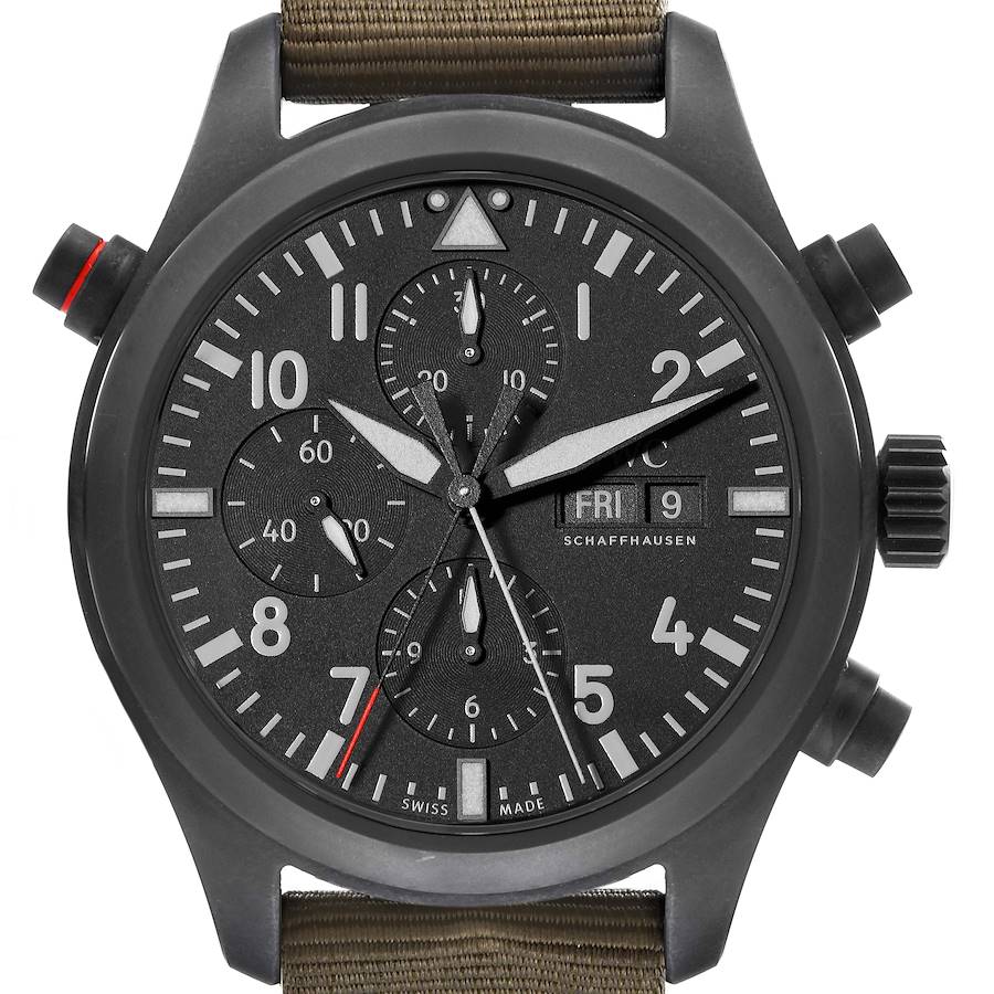 The image shows a front view of an IWC Pilot watch with chronograph sub-dials, date display, and a green strap.