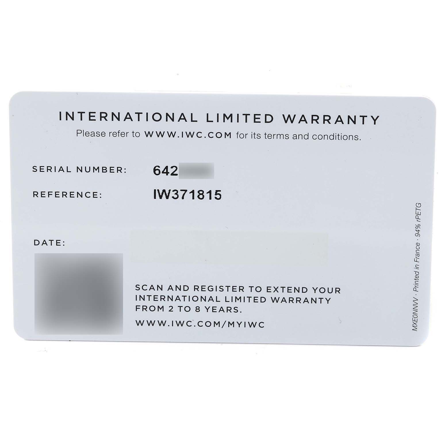 This image shows the International Limited Warranty card for the IWC Pilot IW371815 Men's Titanium Black Dial IW371815 Men's Titanium Black Dial model.