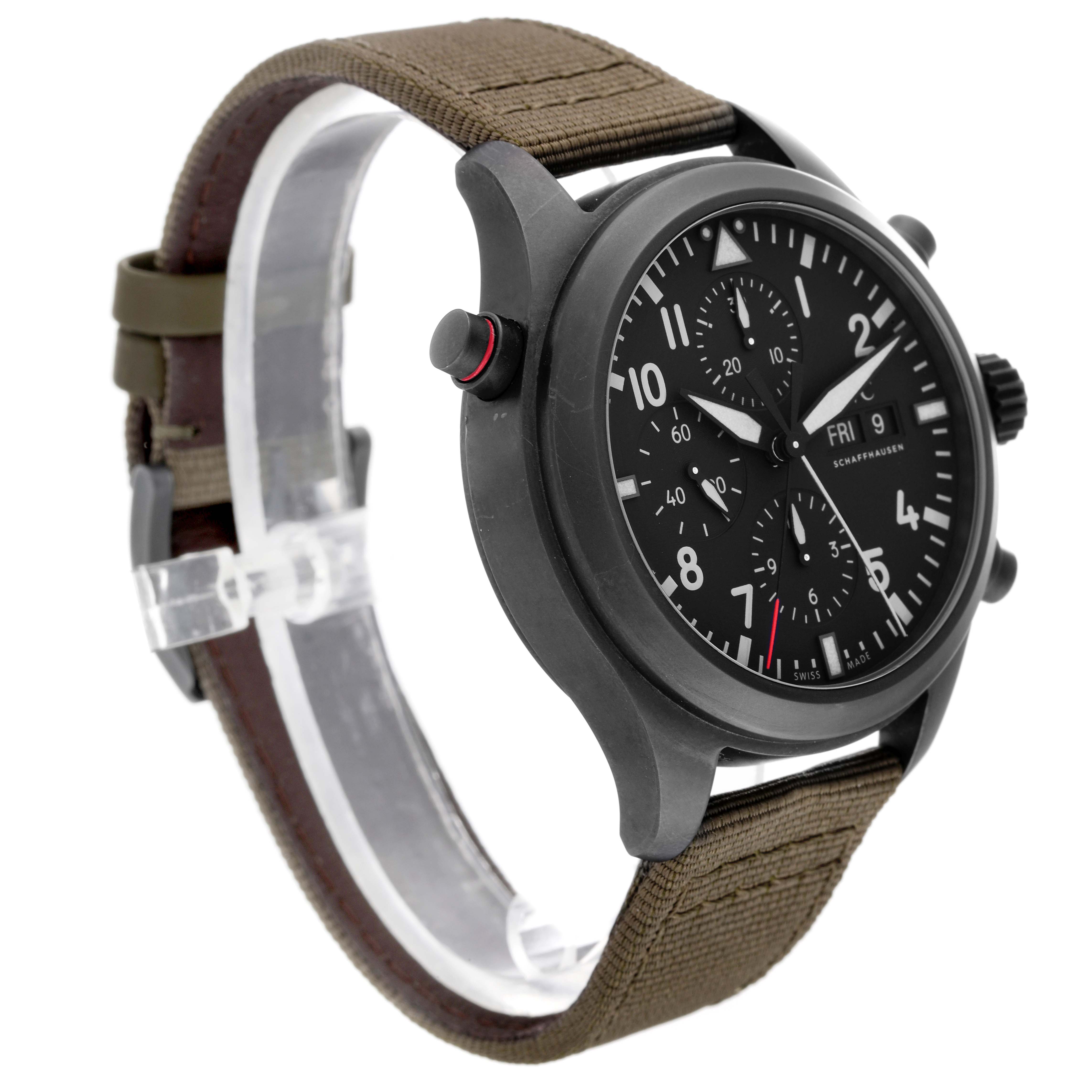 The image shows the IWC Pilot IW371815 Men's Titanium Black Dial IW371815 Men's Titanium Black Dial watch at a three-quarter front angle, showcasing its black dial, chronograph features, and green strap.