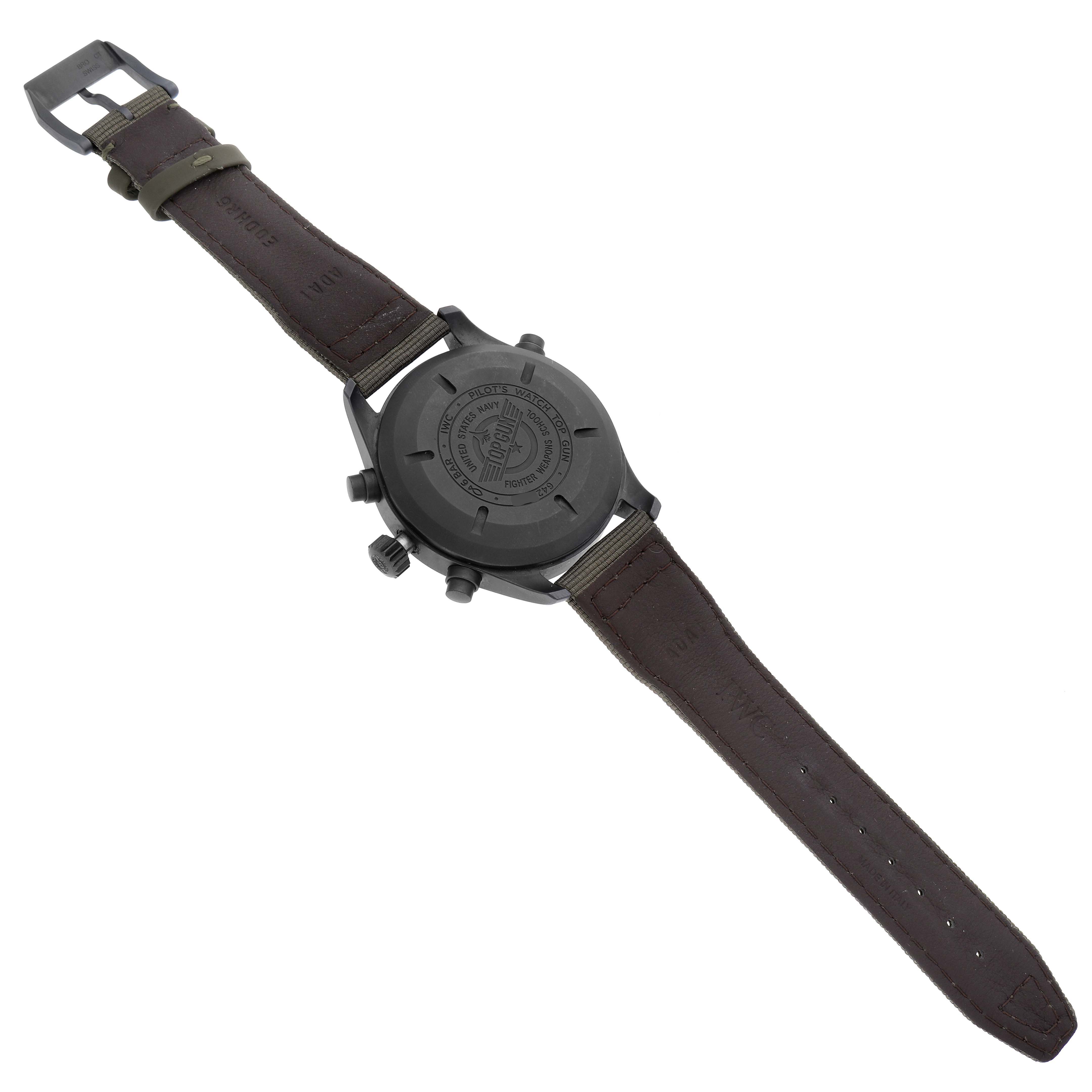 The IWC Pilot IW371815 Men's Titanium Black Dial IW371815 Men's Titanium Black Dial watch is shown from the back, displaying the case back, crown, pushers, and brown leather strap.