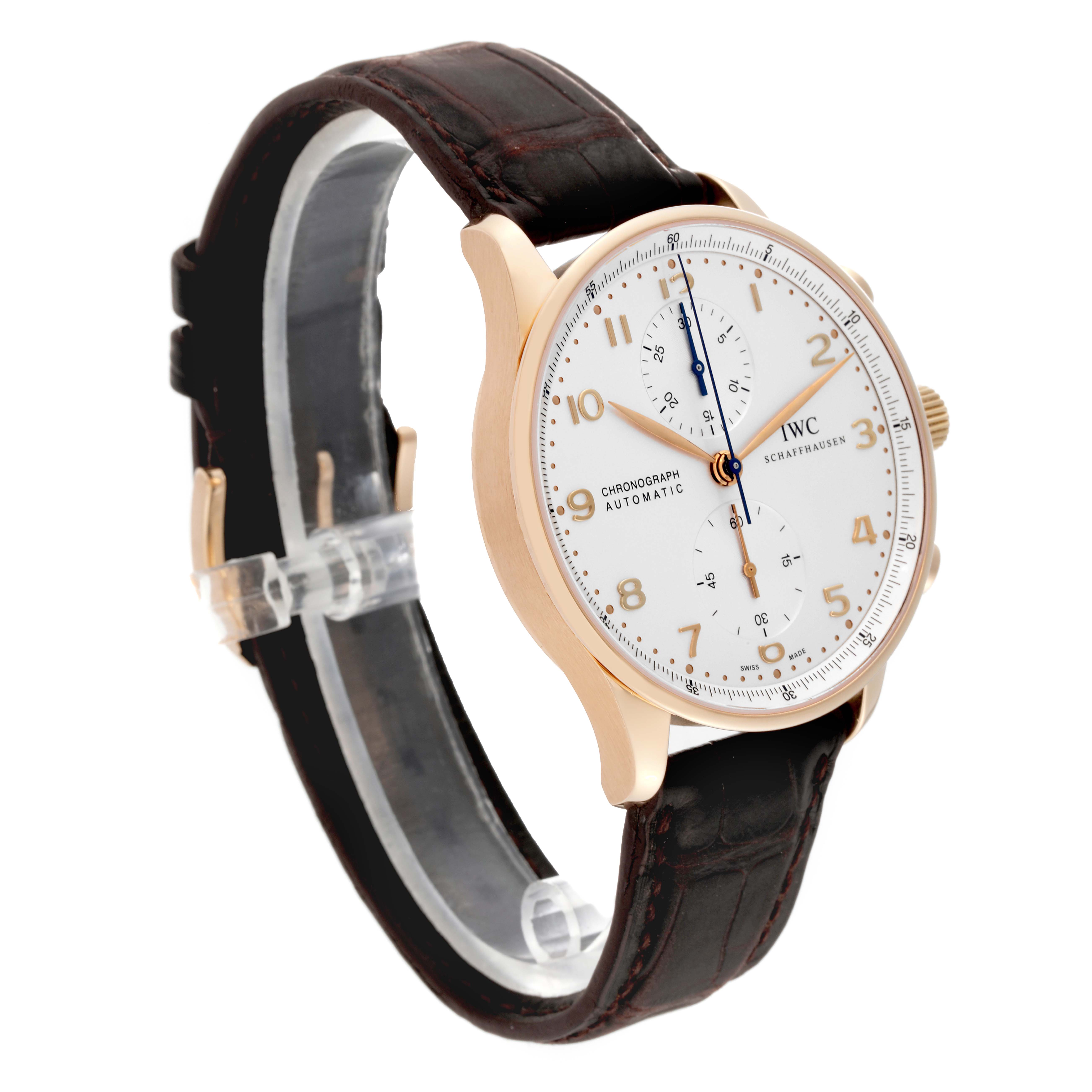 The image shows an IWC Portuguese IW371402 Men's Rose Gold Silver Dial IW371402 Men's Rose Gold Silver Dial model watch angled from the front-left, highlighting the face and brown leather strap.