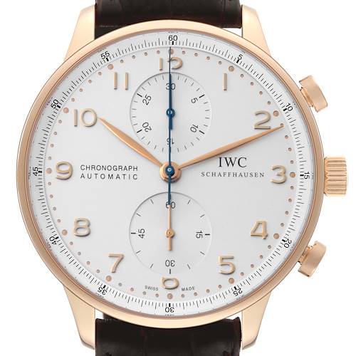 This is a front view of the IWC Portuguese Chronograph Automatic watch, showing the dial, hands, and chronograph subdials.