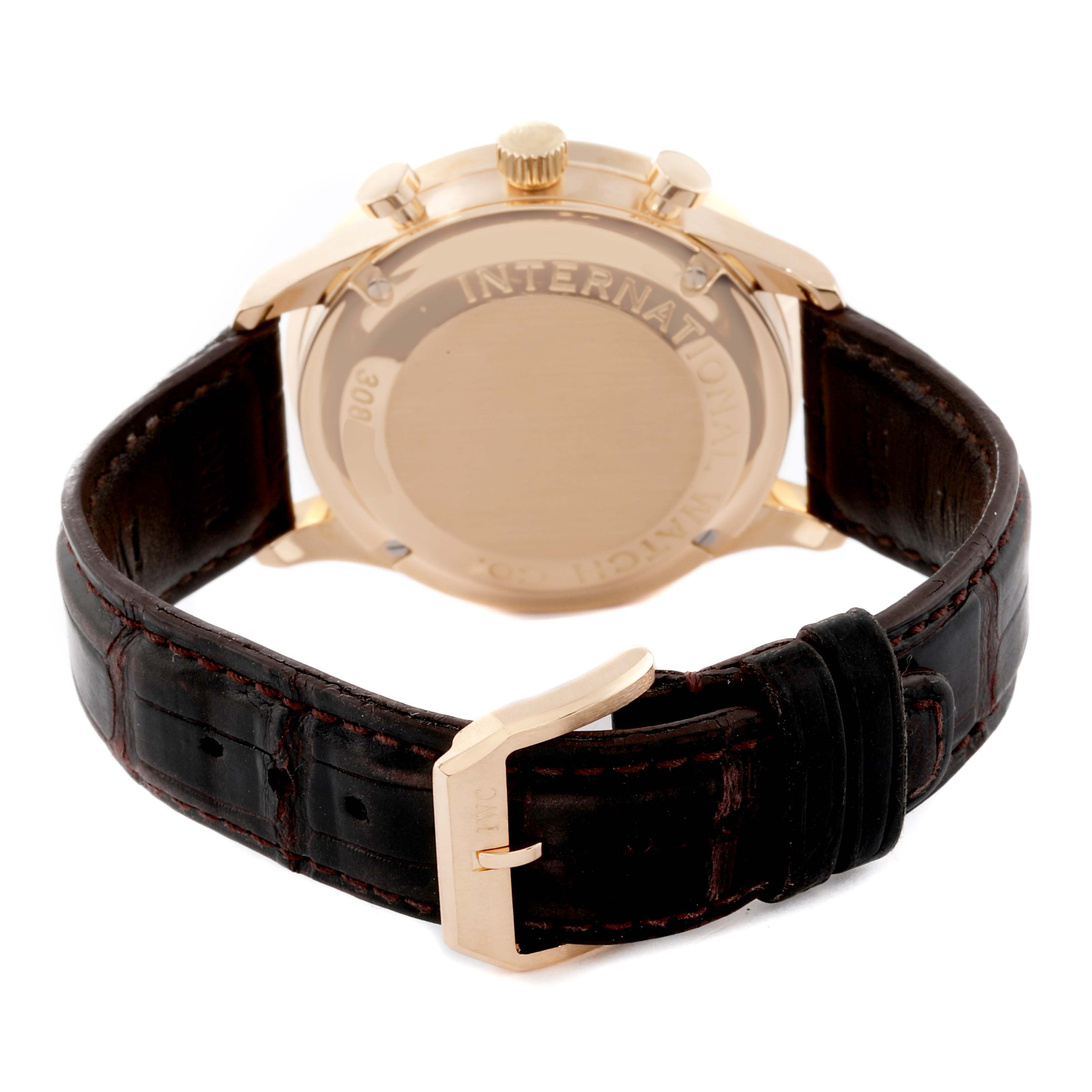 This image shows the back case and leather strap of an IWC Portuguese IW371402 Men's Rose Gold Silver Dial IW371402 Men's Rose Gold Silver Dial model watch from an angled rear view.