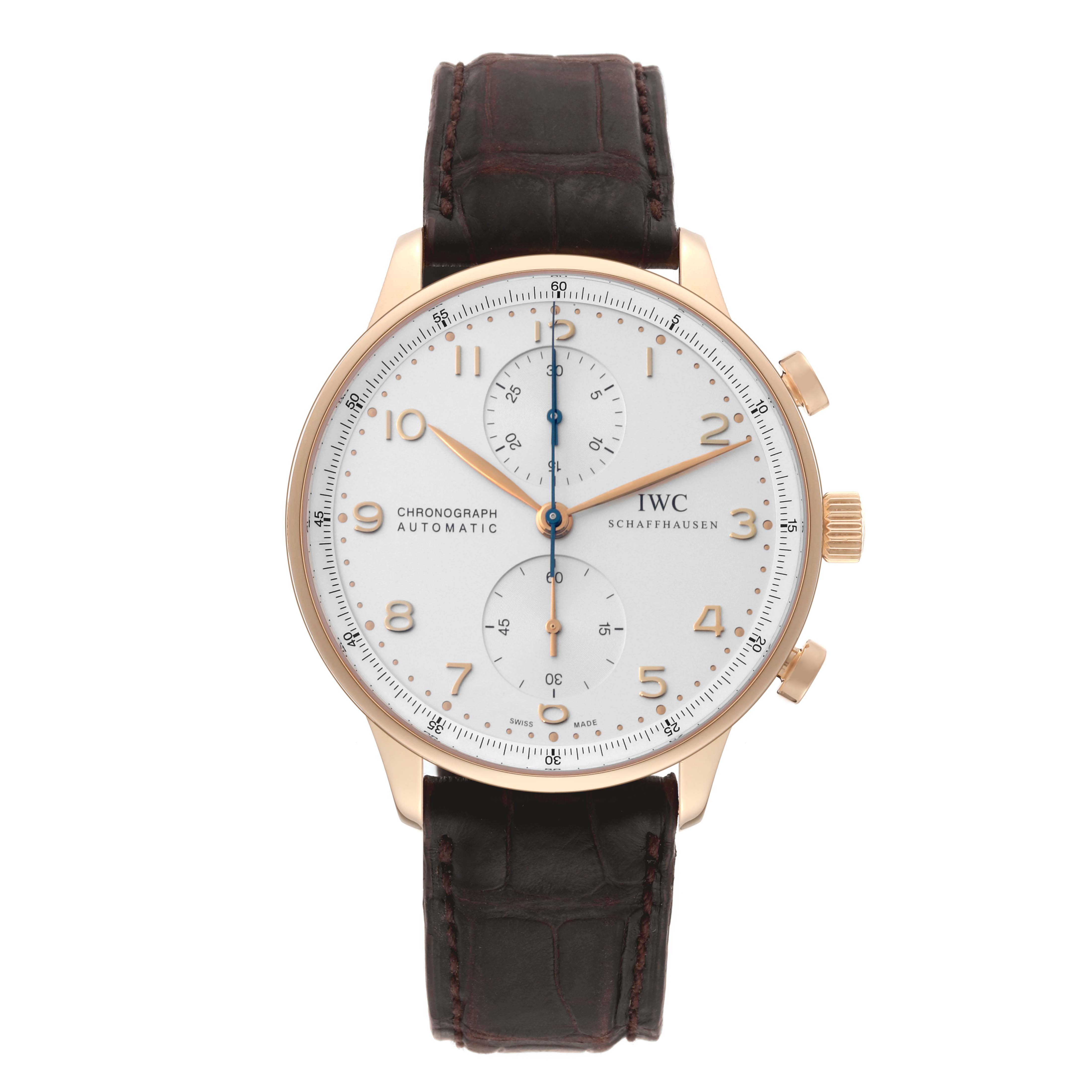 This image shows a front view of the IWC Portuguese IW371402 Men's Rose Gold Silver Dial IW371402 Men's Rose Gold Silver Dial Chronograph watch with a brown leather strap and a white dial.