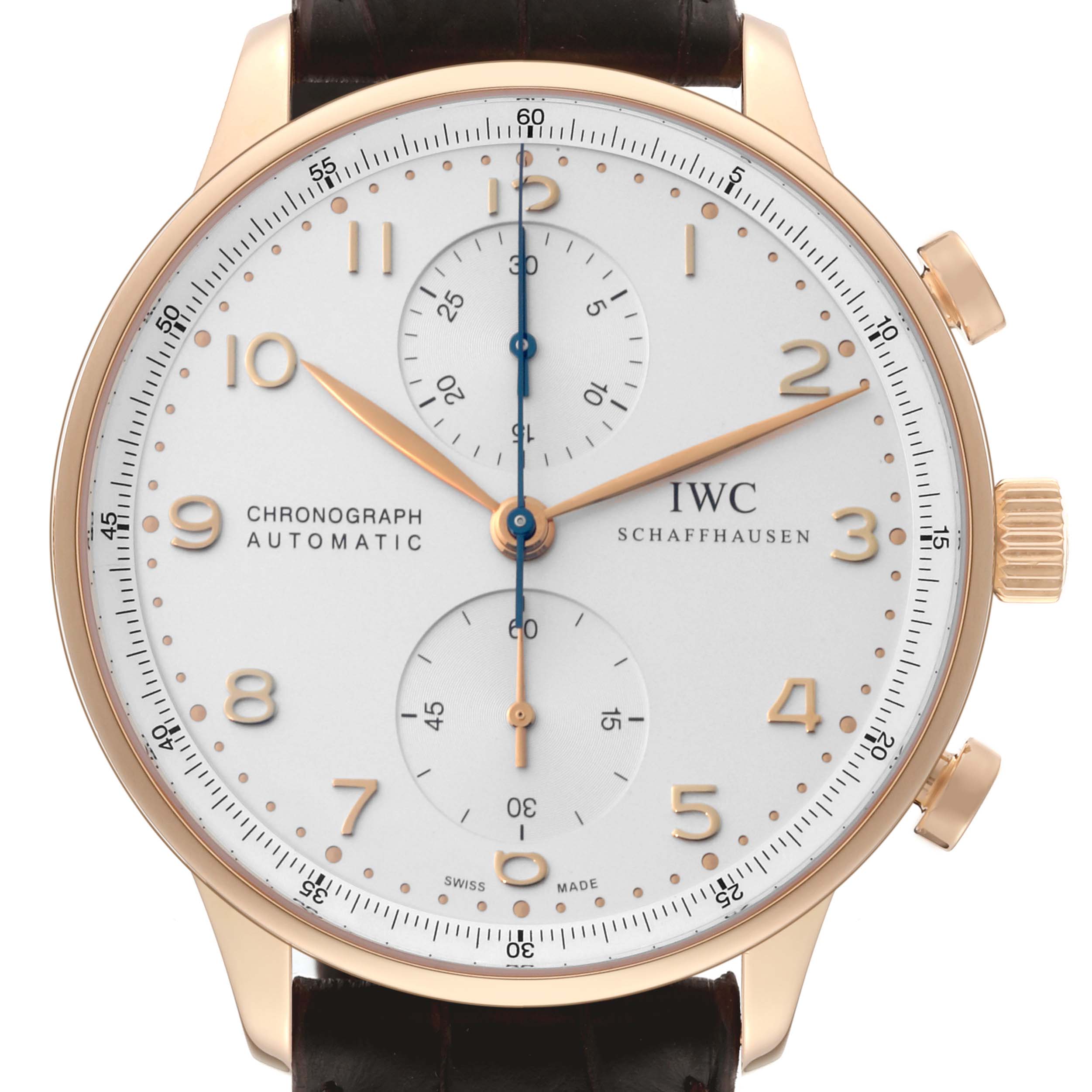 The IWC Portuguese IW371402 Men's Rose Gold Silver Dial IW371402 Men's Rose Gold Silver Dial Chronograph watch is shown from a front angle, displaying its dial, two subdials, and crown.