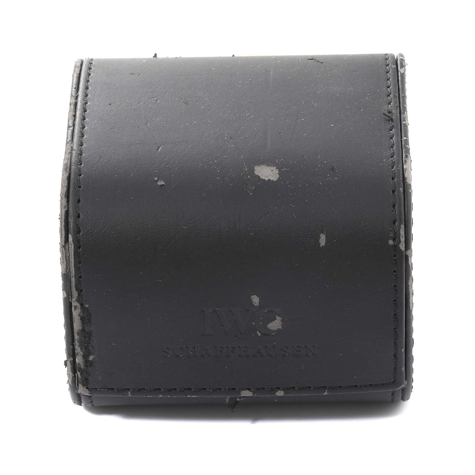 This image shows a worn, black leather watch box for the IWC Portuguese IW371402 Men's Rose Gold Silver Dial IW371402 Men's Rose Gold Silver Dial model, viewed from the front.