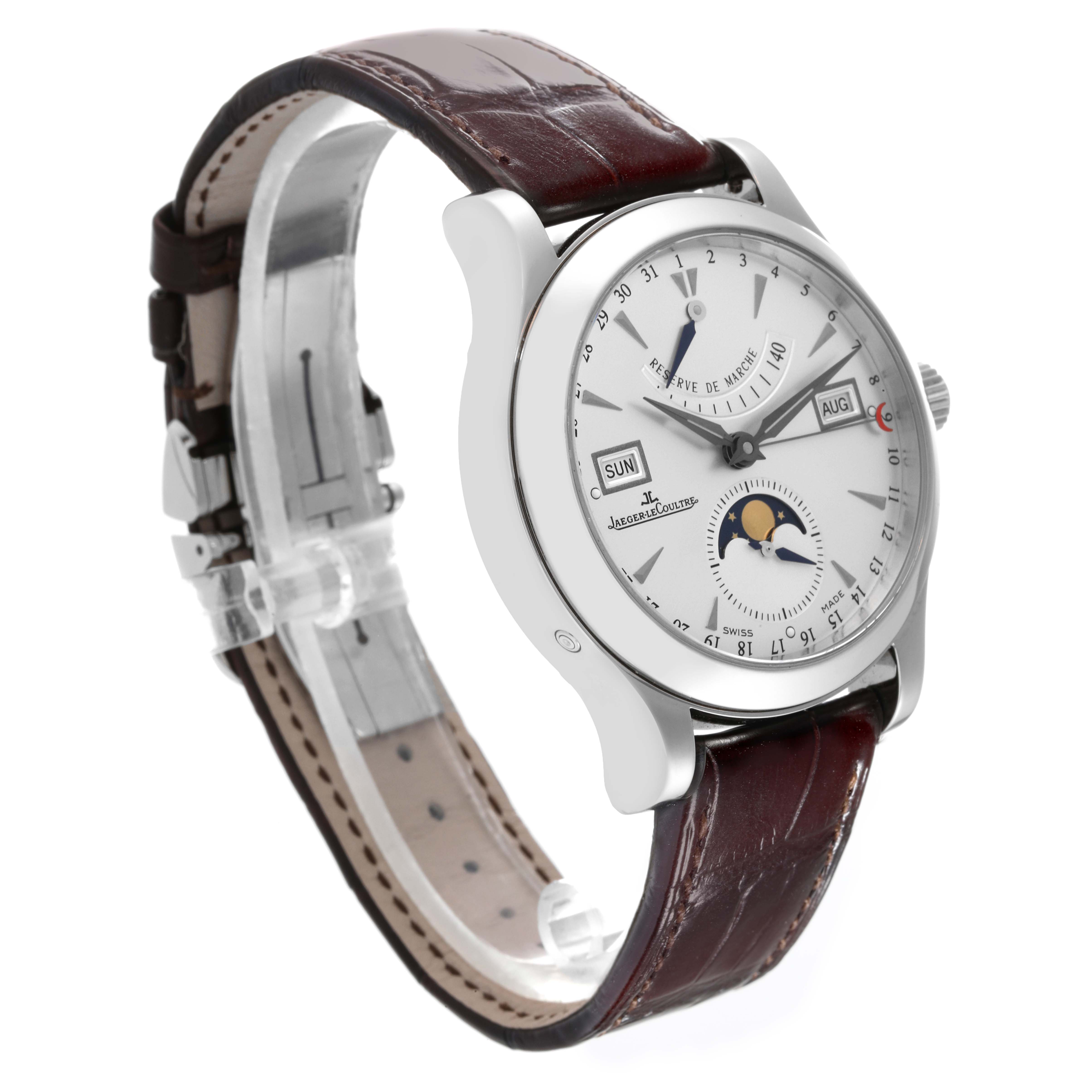 The Jaeger LeCoultre Master Q151842A Men's Stainless Steel Silver Dial Q151842A Men's Stainless Steel Silver Dial model watch is shown at an angle displaying its dial, crown, lugs, and leather strap.