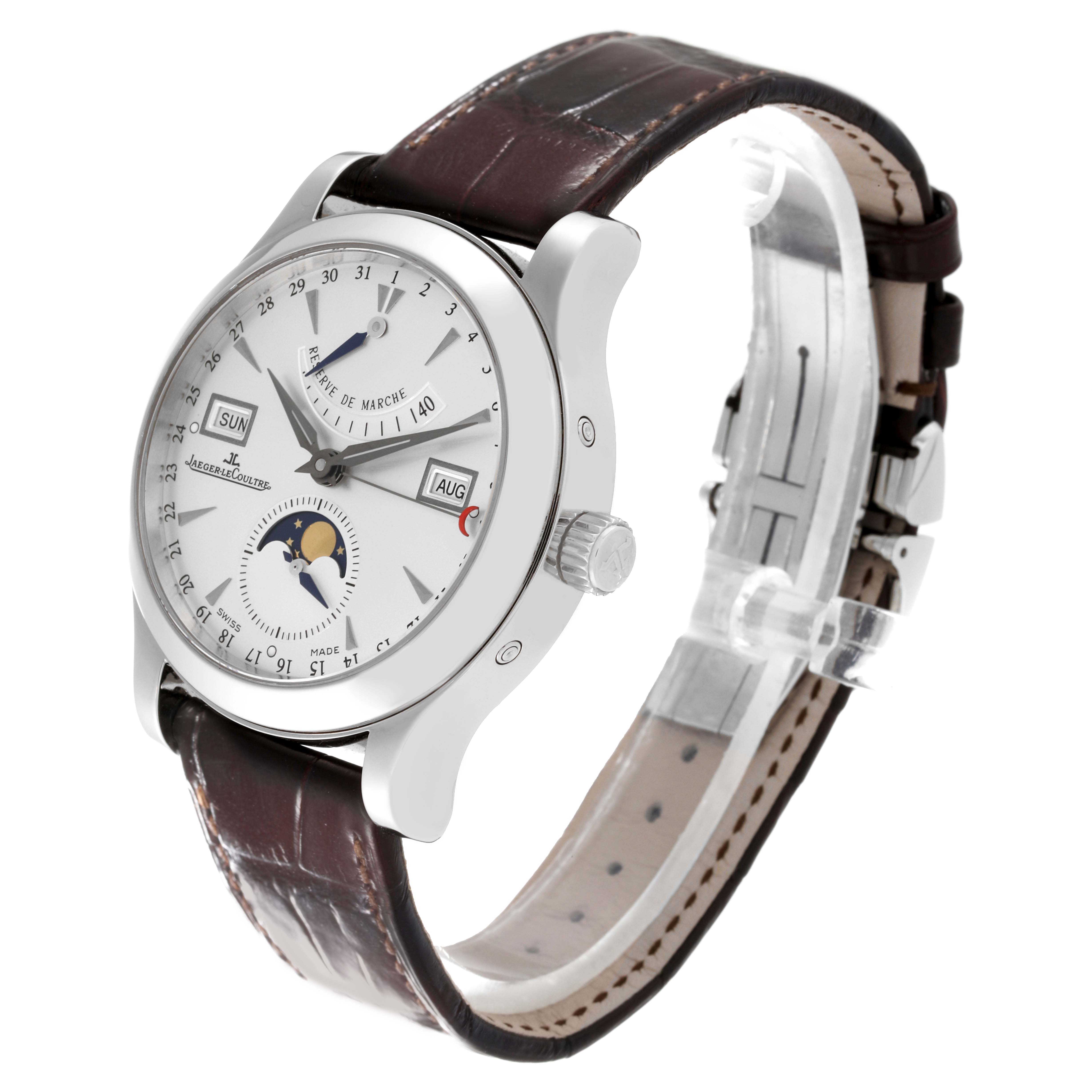 This image shows a Jaeger-LeCoultre Master model watch from a 3/4 angle, highlighting its dial, case, and leather strap.