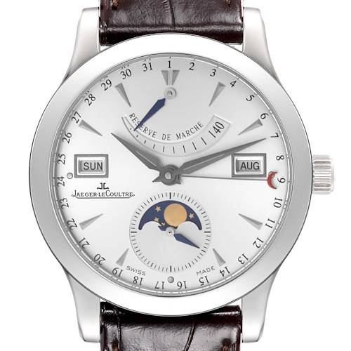 The image shows a front view of the Jaeger-LeCoultre Master watch displaying date, day, month, moonphase, and power reserve indicators.