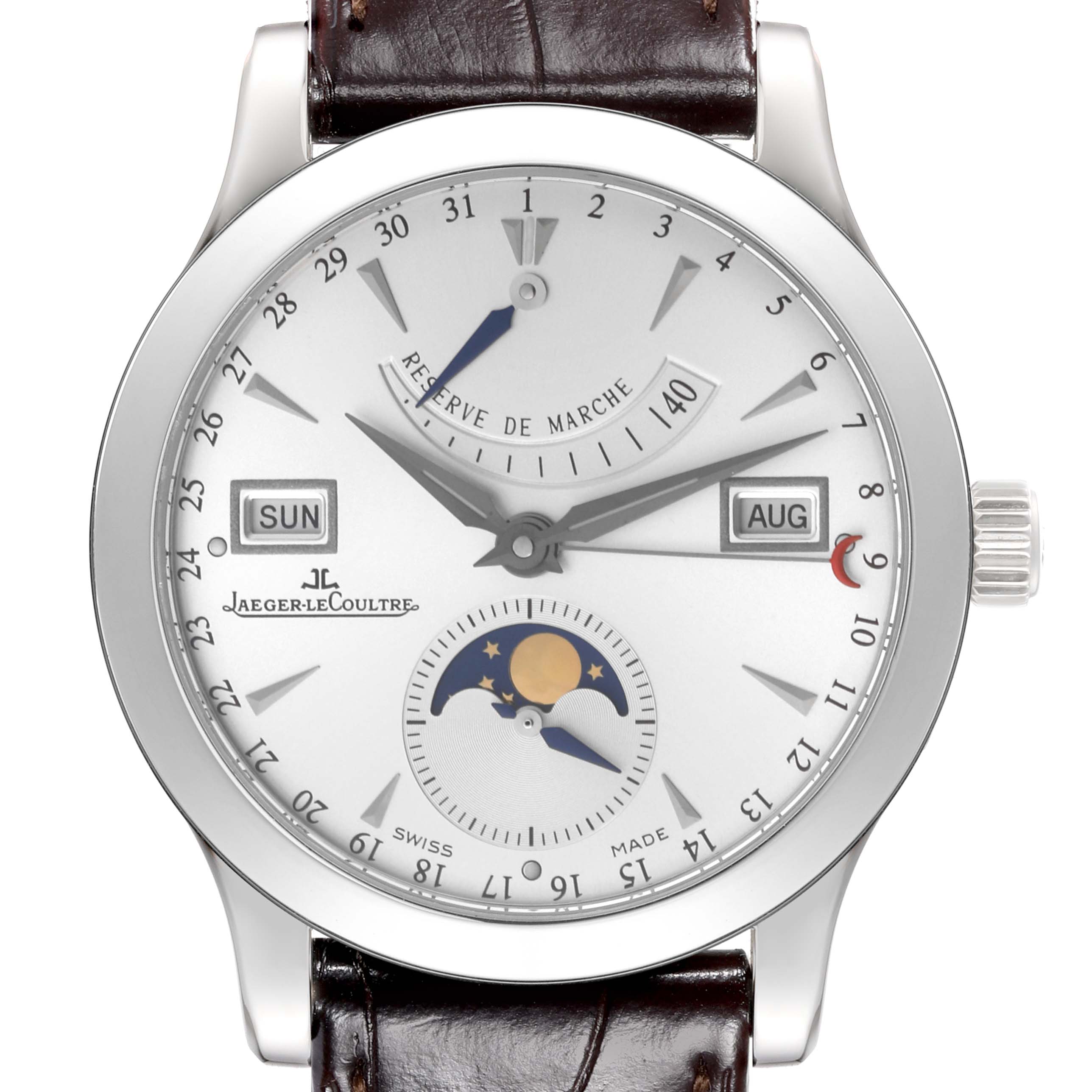 The image shows a Jaeger LeCoultre Master Q151842A Men's Stainless Steel Silver Dial Q151842A Men's Stainless Steel Silver Dial watch face, detailing the day, date, month, power reserve, and moon phase indicators.