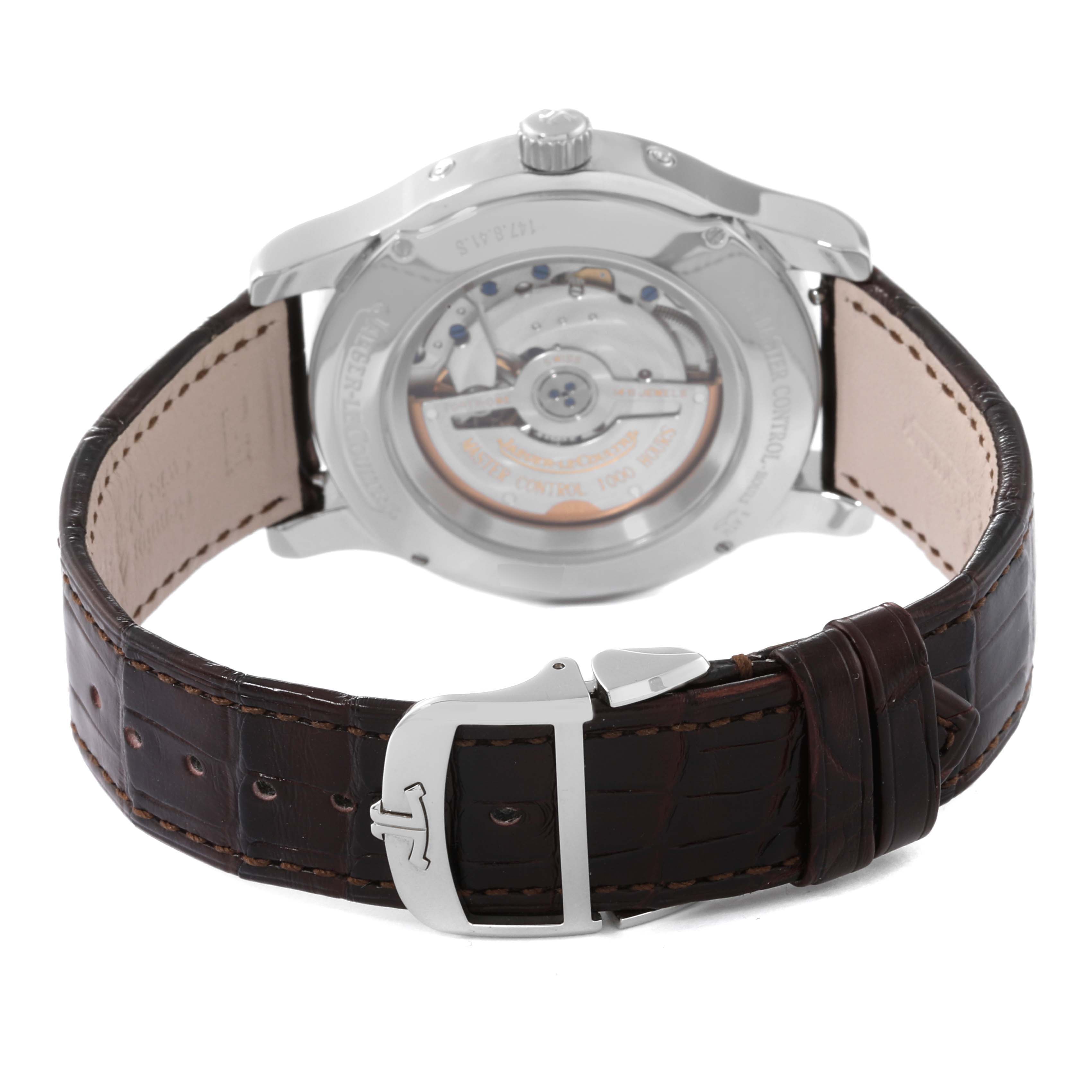 The image shows the back view of a Jaeger LeCoultre Master Q151842A Men's Stainless Steel Silver Dial Q151842A Men's Stainless Steel Silver Dial model watch, highlighting the movement and leather strap.
