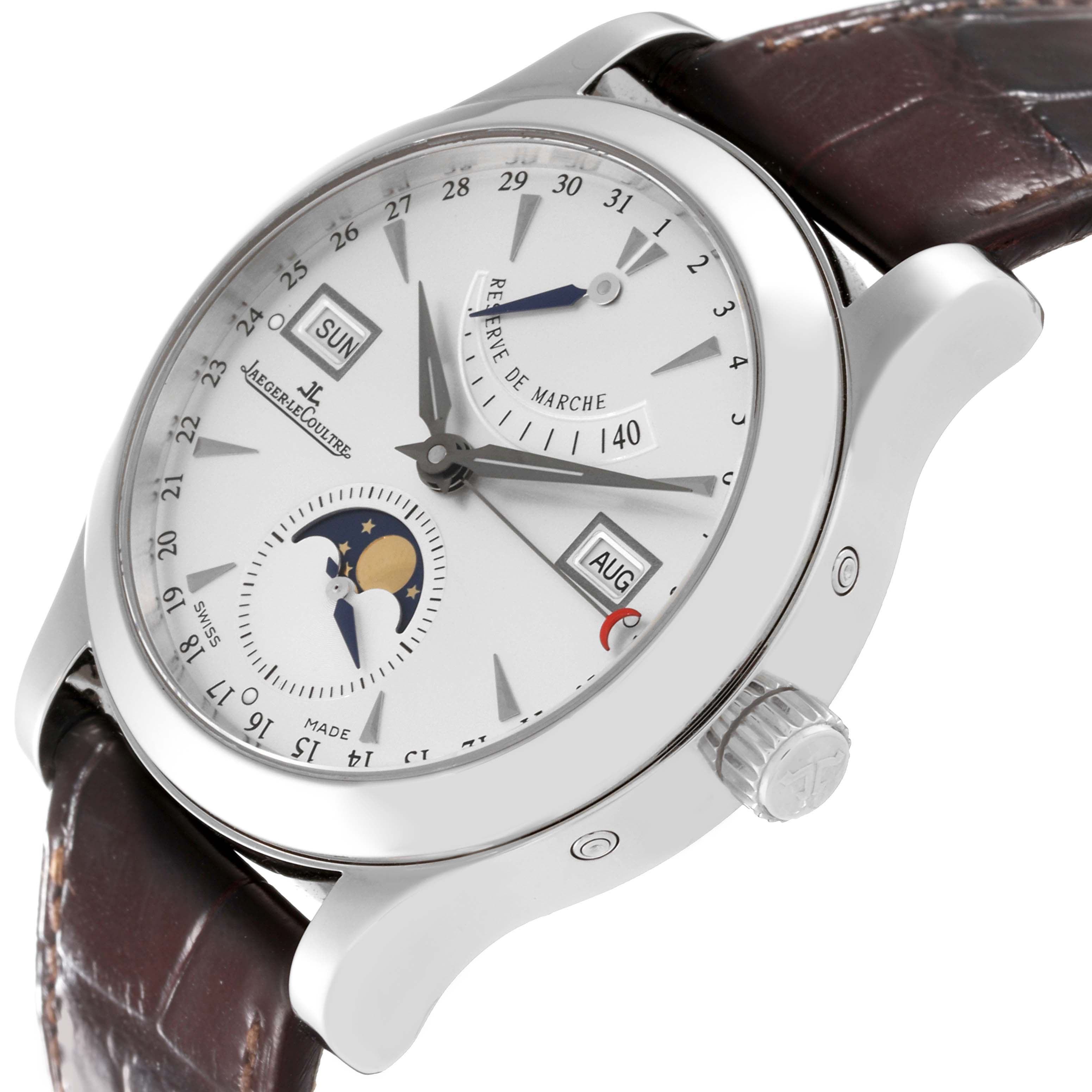 This image shows a Jaeger-LeCoultre Master model watch at an angled side view, highlighting its dial, crown, and brown leather strap.