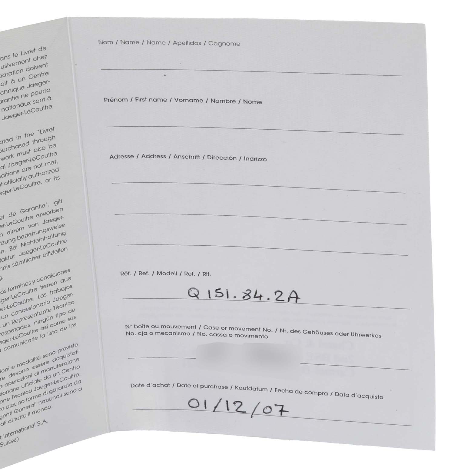 This image shows the warranty page with handwritten details of the Jaeger LeCoultre Master Q151842A Men's Stainless Steel Silver Dial Q151842A Men's Stainless Steel Silver Dial model Q151.84.2A watch.