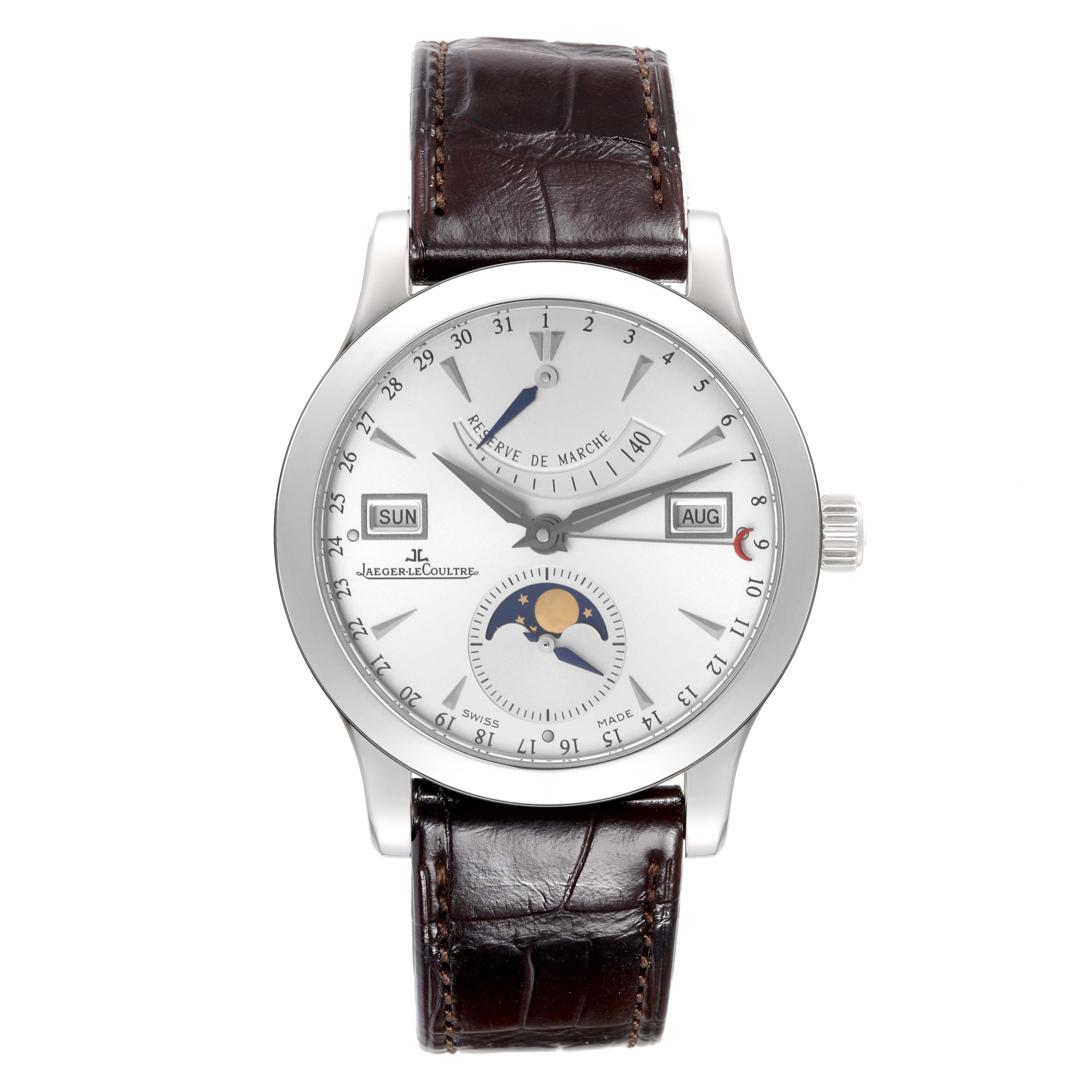 This image shows a front view of a Jaeger LeCoultre Master Q151842A Men's Stainless Steel Silver Dial Q151842A Men's Stainless Steel Silver Dial model watch, displaying its dial, brown leather strap, and various complications.