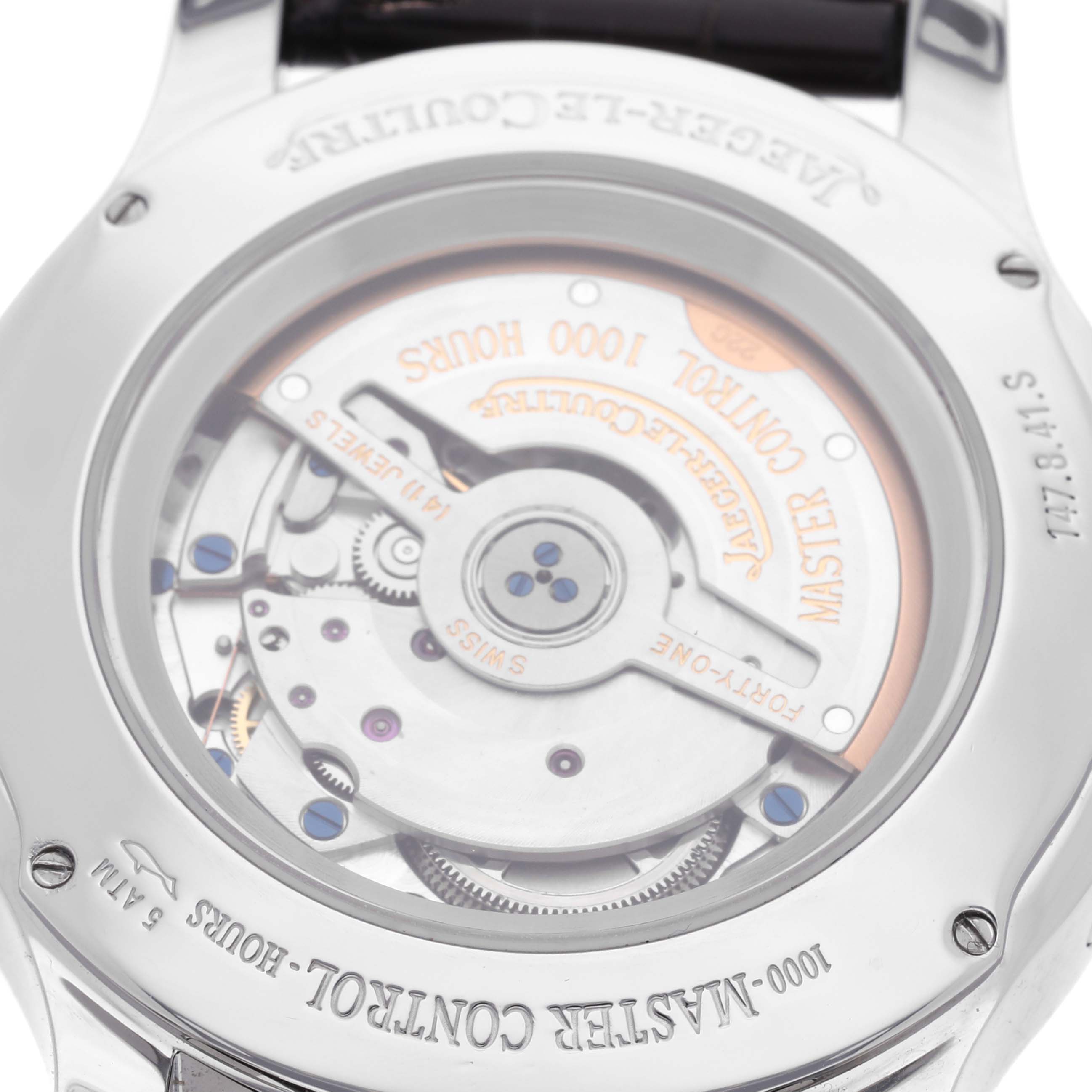 The image shows the backside of the Jaeger-LeCoultre Master model watch, highlighting its intricate movement and details.