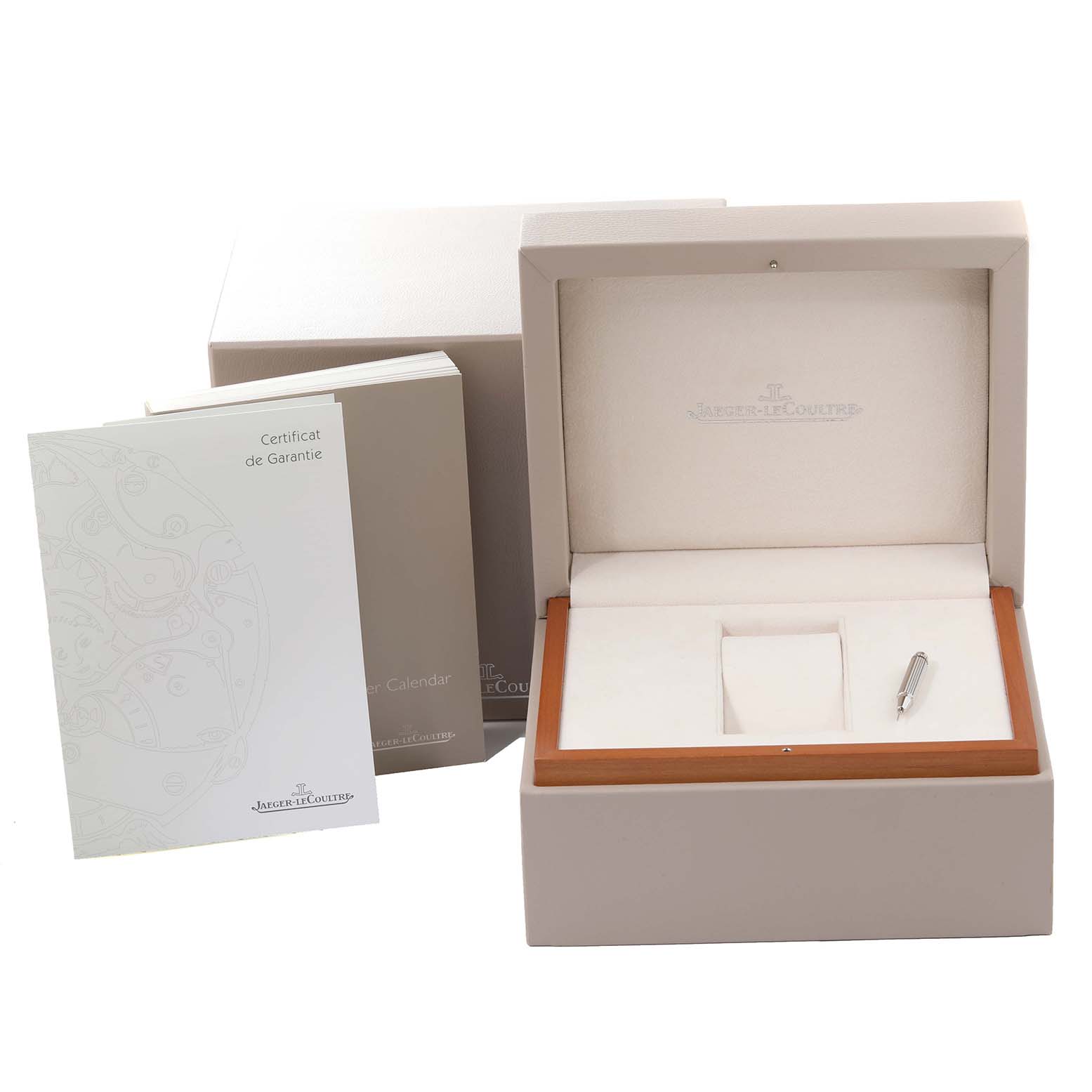 The image shows the packaging, inner box, and warranty card for a Jaeger LeCoultre Master Q151842A Men's Stainless Steel Silver Dial Q151842A Men's Stainless Steel Silver Dial model watch.