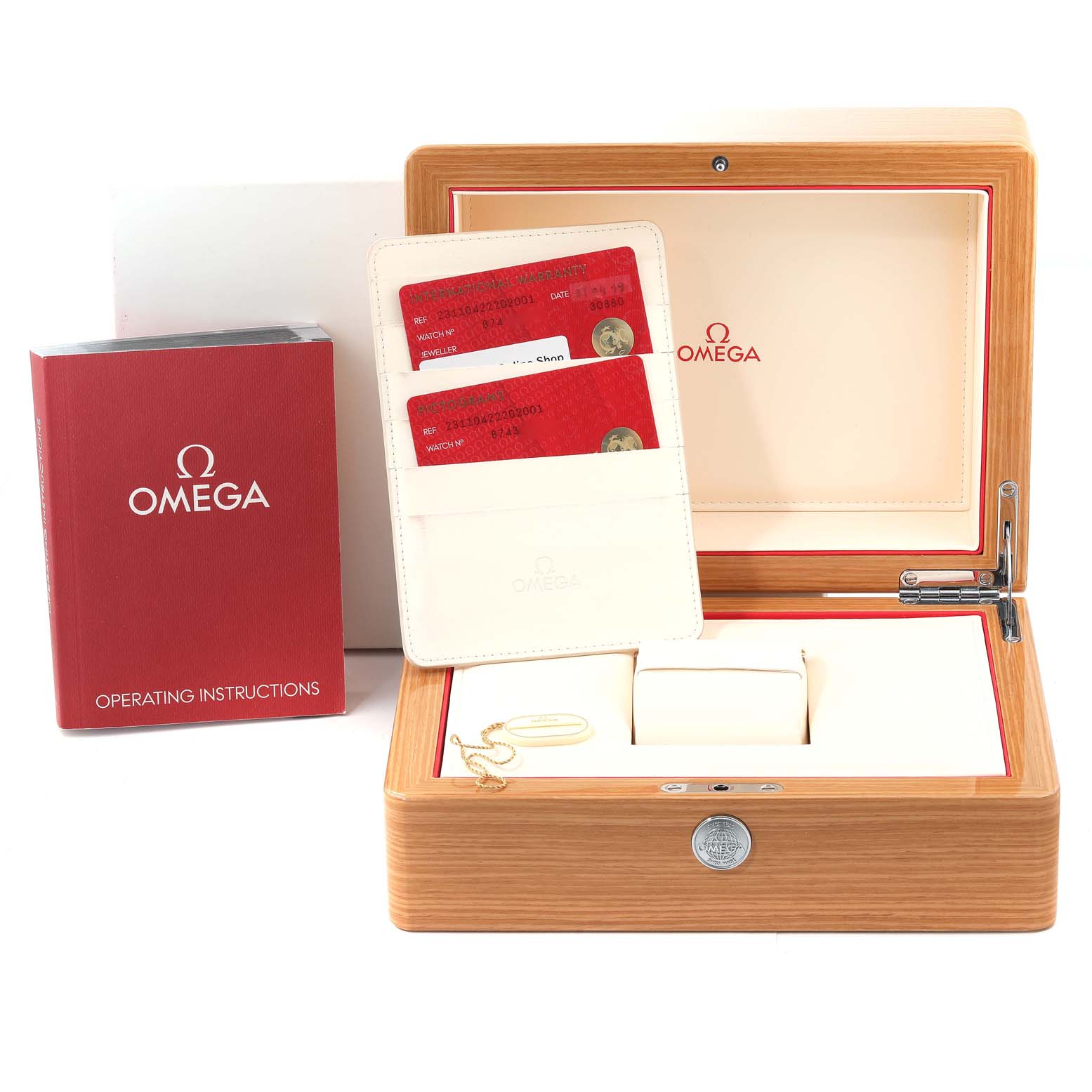 The image shows the Omega Aqua Terra 231.10.42.22.02.001 Men
s Stainless Steel Silver Dial 231.10.42.22.02.001 Men
s Stainless Steel Silver Dial watch packaging including a wooden box, warranty cards, and operating instructions.