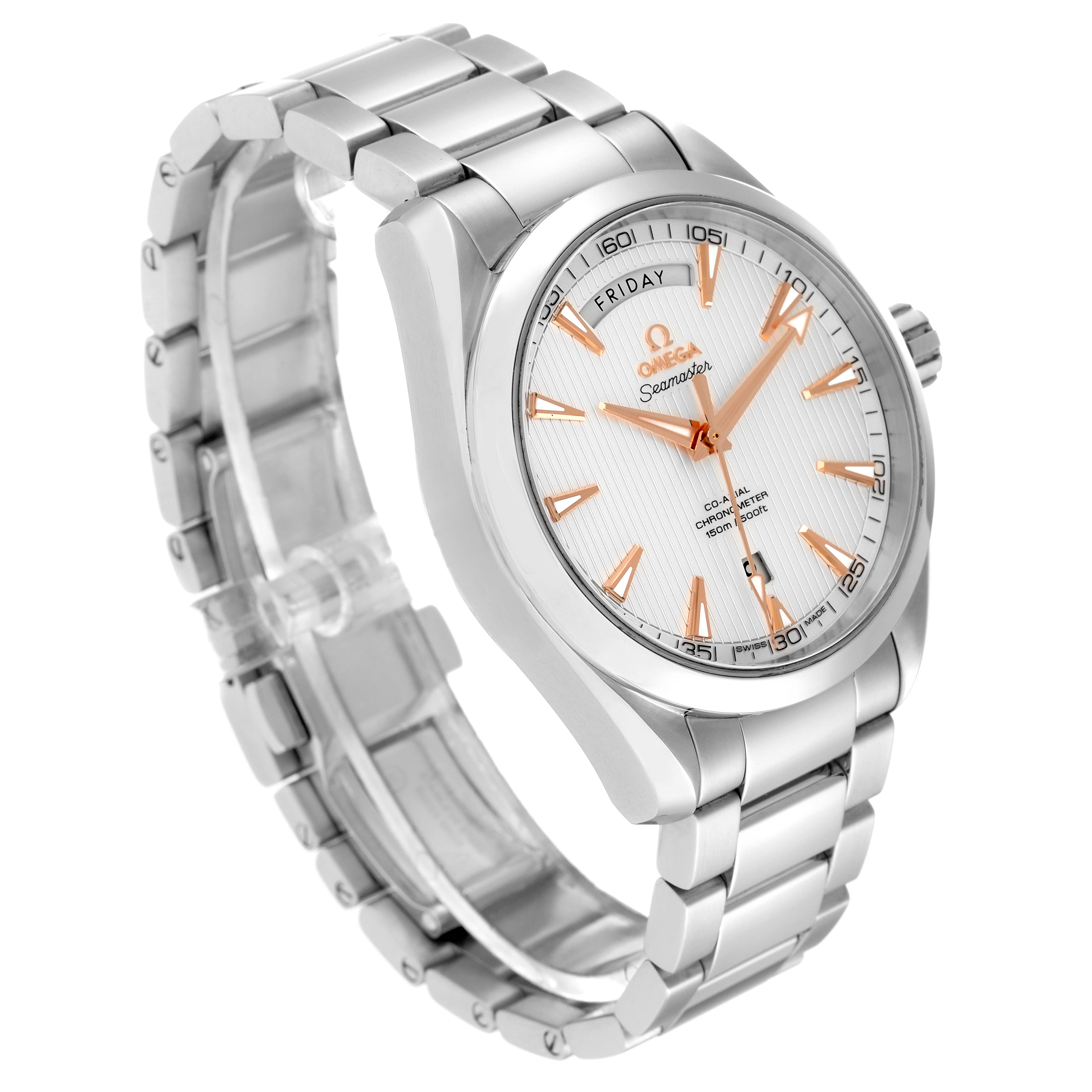 This image features an Omega Aqua Terra 231.10.42.22.02.001 Men
s Stainless Steel Silver Dial 231.10.42.22.02.001 Men
s Stainless Steel Silver Dial watch taken at a slight angle, showcasing its bracelet, dial, and case.