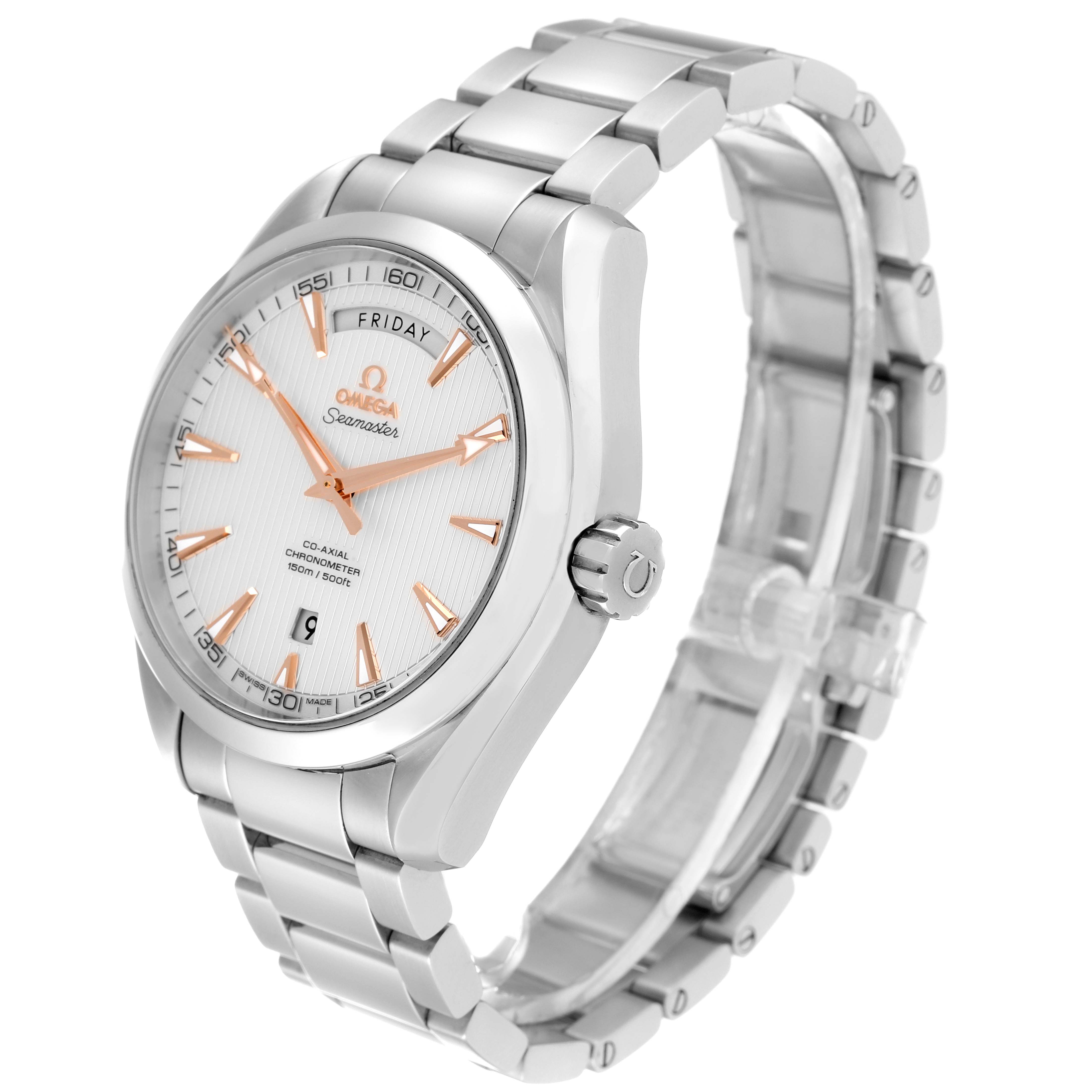 The image shows the Omega Aqua Terra 231.10.42.22.02.001 Men
s Stainless Steel Silver Dial 231.10.42.22.02.001 Men
s Stainless Steel Silver Dial watch from a three-quarter angle, highlighting the dial, bracelet, and crown.