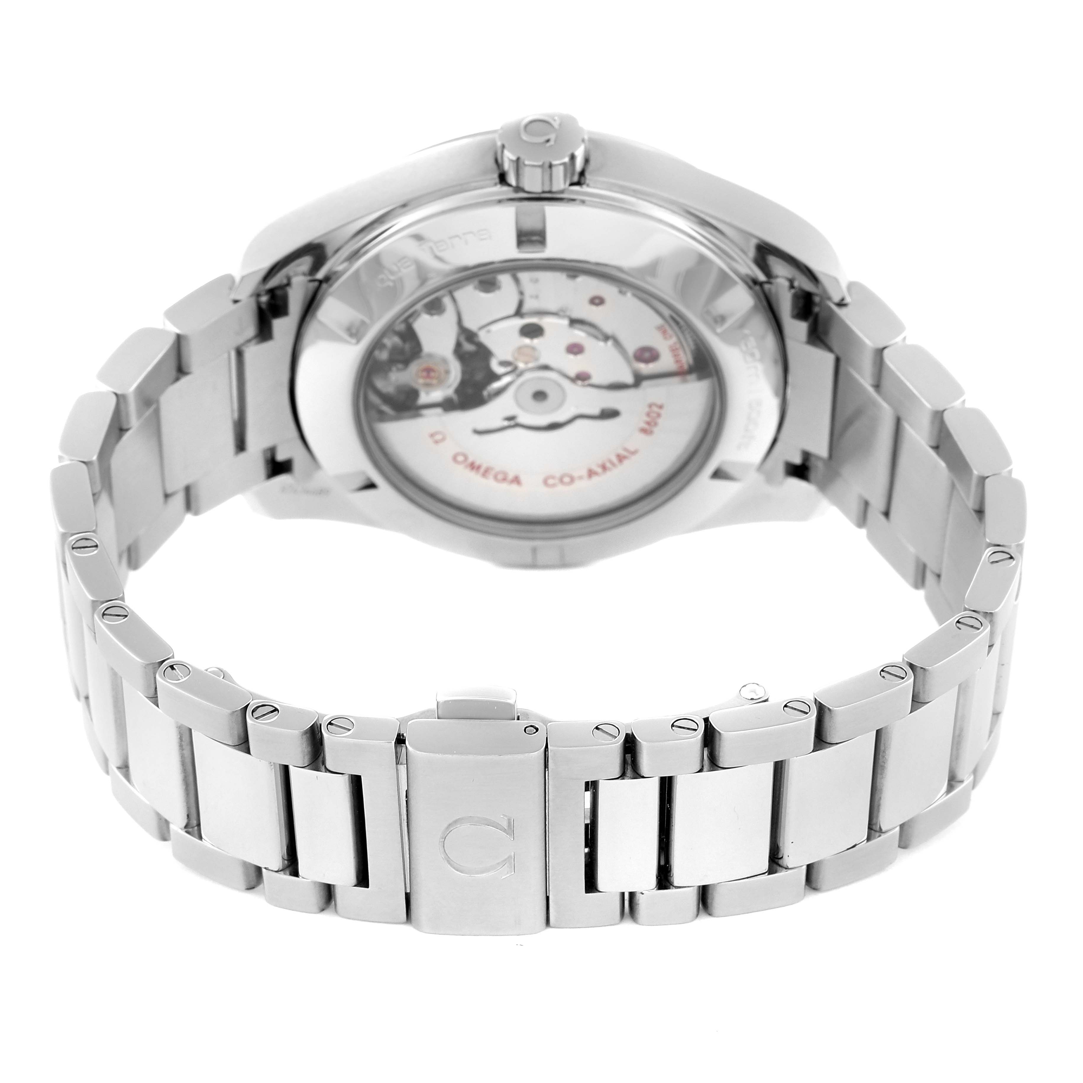 The image shows the back view of an Omega Aqua Terra 231.10.42.22.02.001 Men
s Stainless Steel Silver Dial 231.10.42.22.02.001 Men
s Stainless Steel Silver Dial watch, highlighting the movement and bracelet.