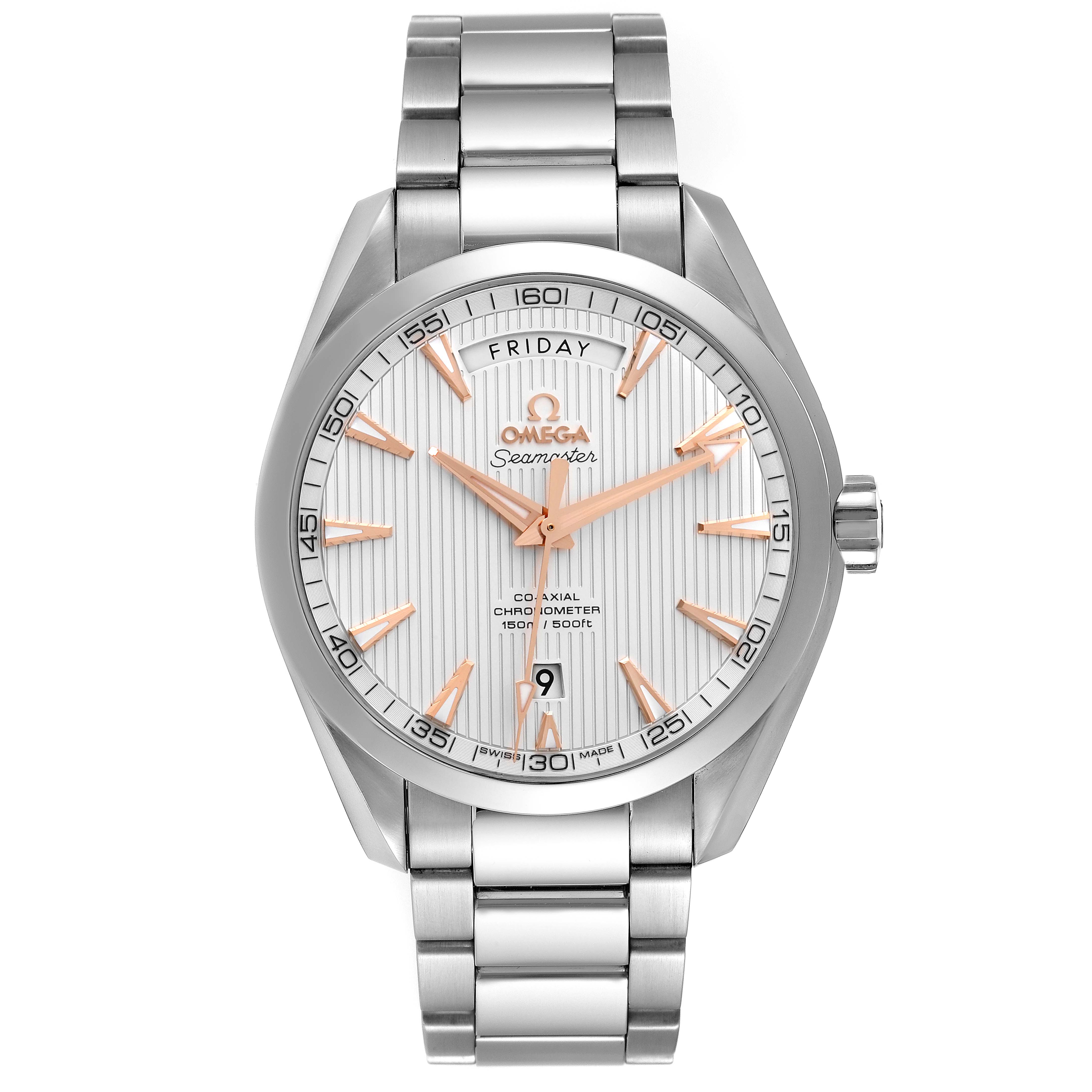 The image shows a front view of the Omega Aqua Terra 231.10.42.22.02.001 Men
s Stainless Steel Silver Dial 231.10.42.22.02.001 Men
s Stainless Steel Silver Dial watch, highlighting its dial, hands, markers, and metal bracelet.