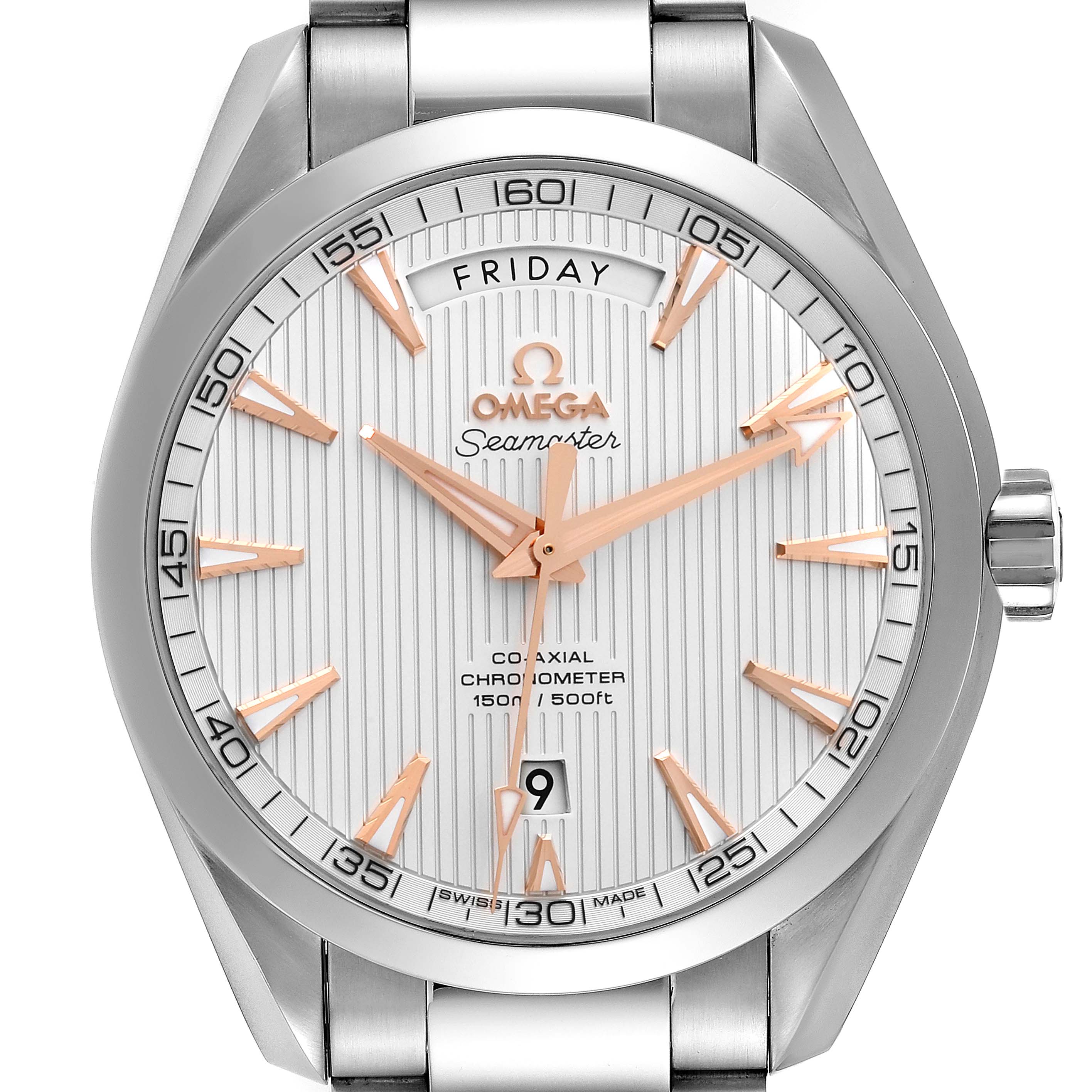 This image shows a front view of the Omega Seamaster Aqua Terra watch, displaying the dial, hands, crown, and part of the bracelet.