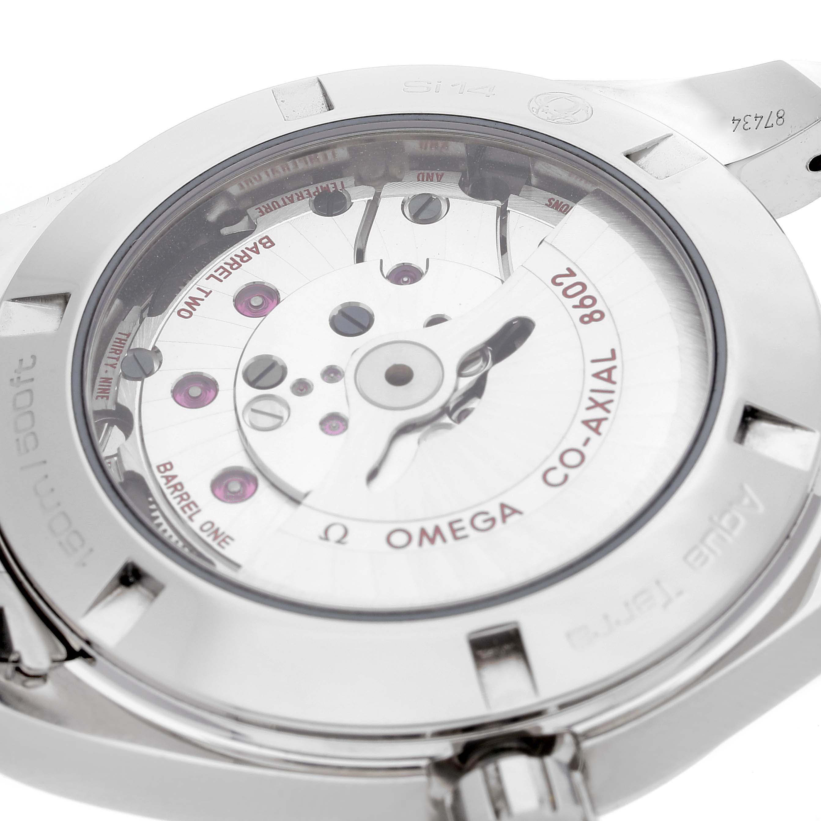 This image shows the back of the Omega Aqua Terra 231.10.42.22.02.001 Men
s Stainless Steel Silver Dial 231.10.42.22.02.001 Men
s Stainless Steel Silver Dial watch, highlighting its Co-Axial 8602 movement.
