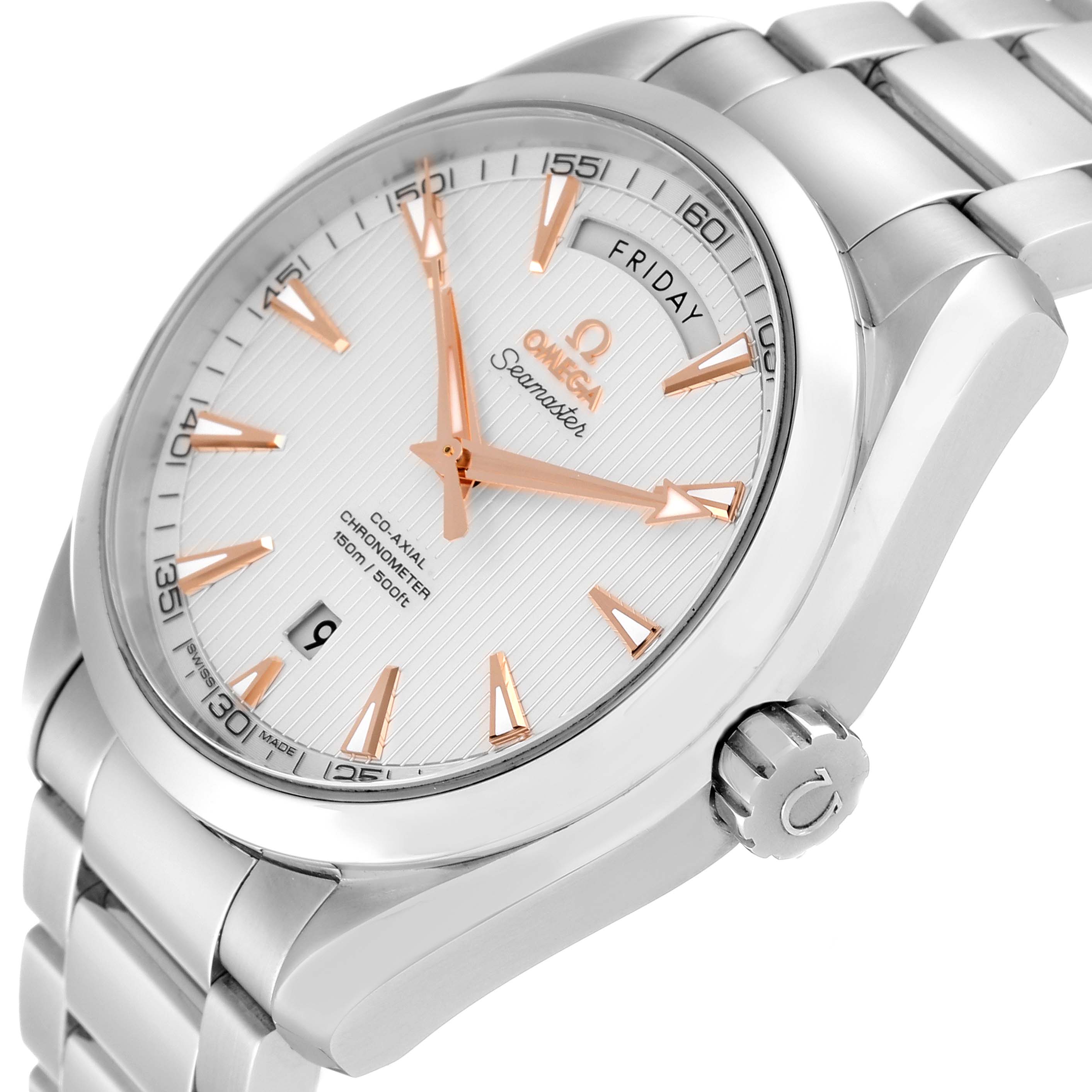 The Omega Aqua Terra 231.10.42.22.02.001 Men
s Stainless Steel Silver Dial 231.10.42.22.02.001 Men
s Stainless Steel Silver Dial watch is shown from an angled view, highlighting the dial, crown, and part of the stainless steel bracelet.