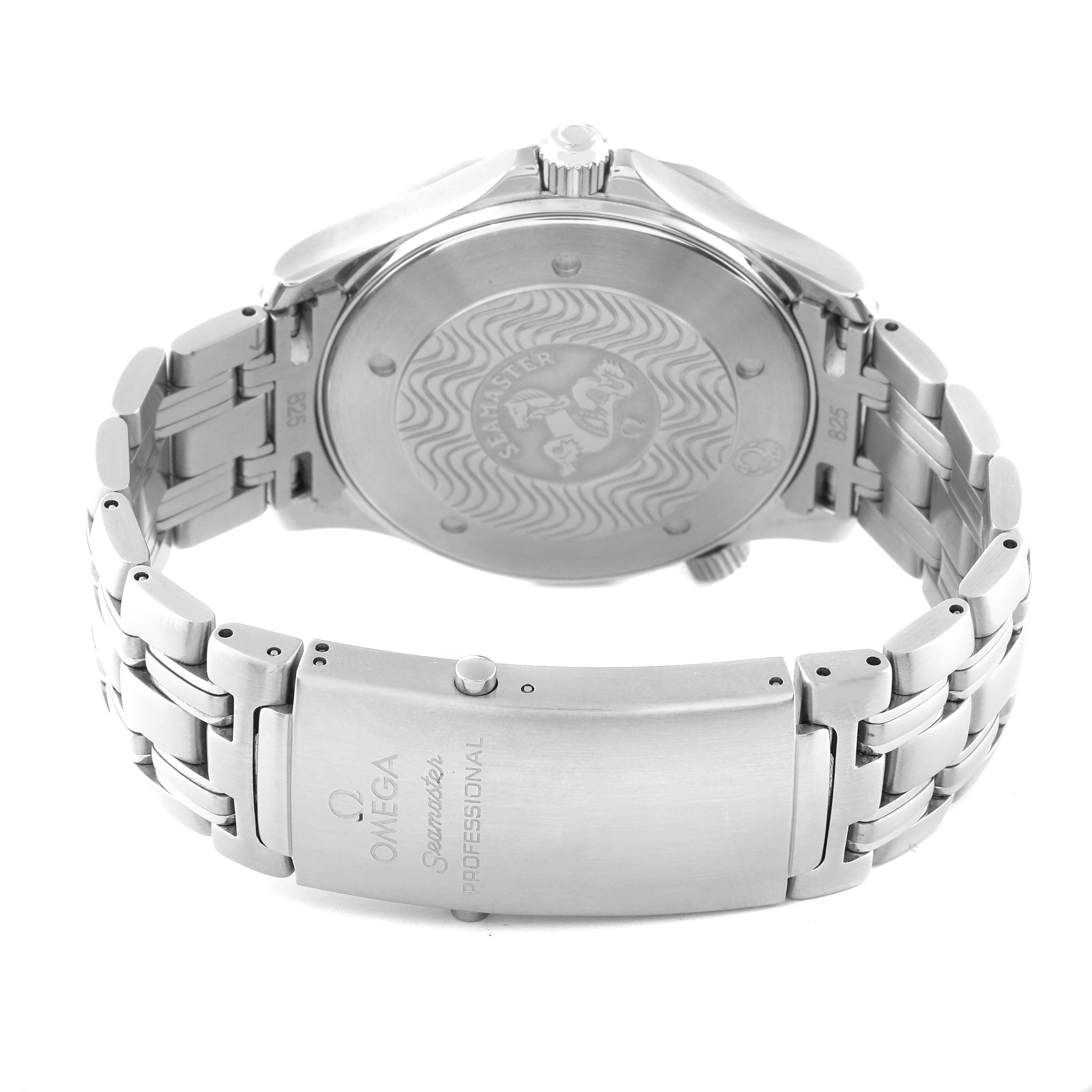 The image shows the back view of the Omega Seamaster 2541.80.00 Men
s Stainless Steel Blue Dial 2541.80.00 Men
s Stainless Steel Blue Dial watch, including its case back and stainless steel bracelet with a clasp.