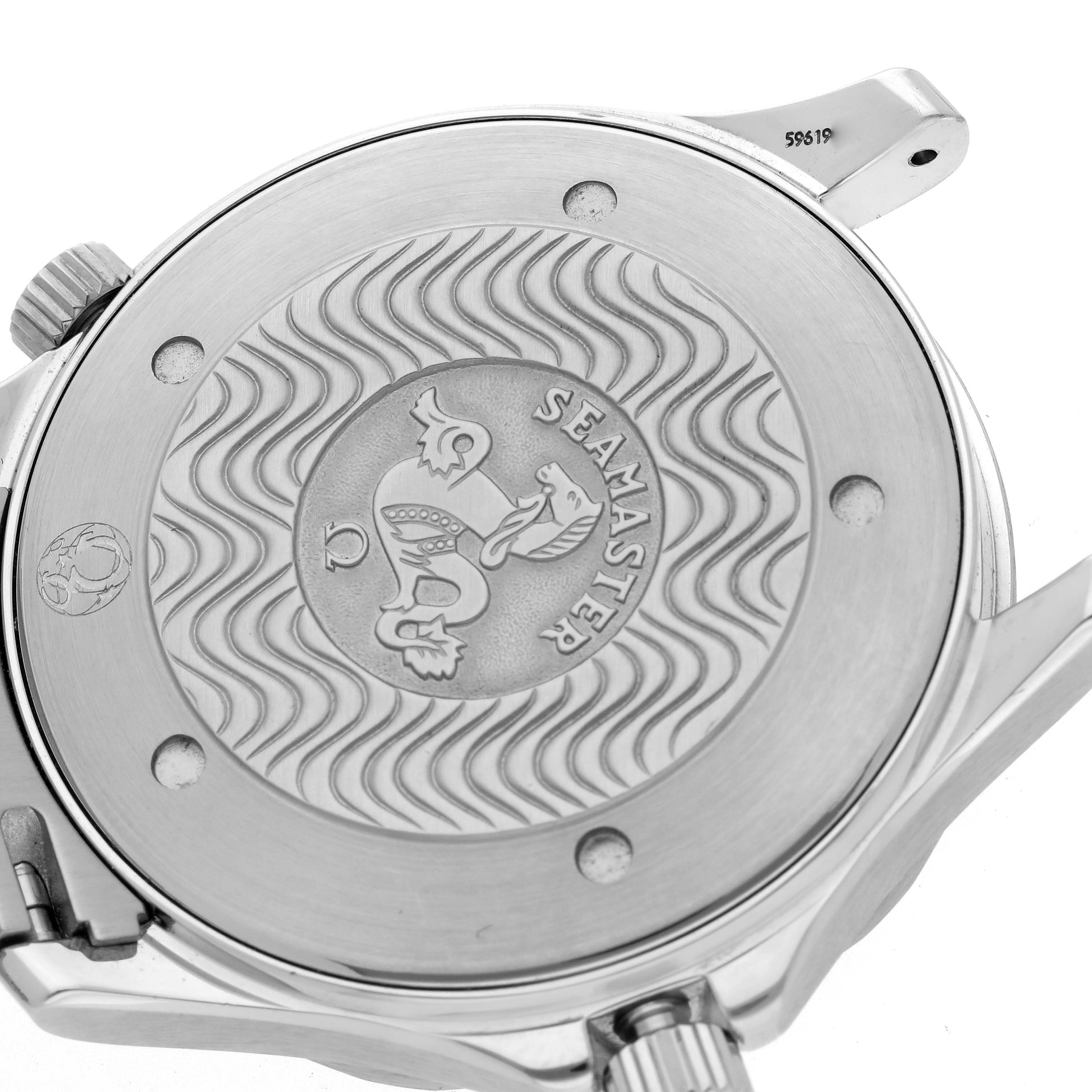 The image shows the back case of an Omega Seamaster 2541.80.00 Men
s Stainless Steel Blue Dial 2541.80.00 Men
s Stainless Steel Blue Dial watch, featuring its iconic engraved logo and wave pattern.