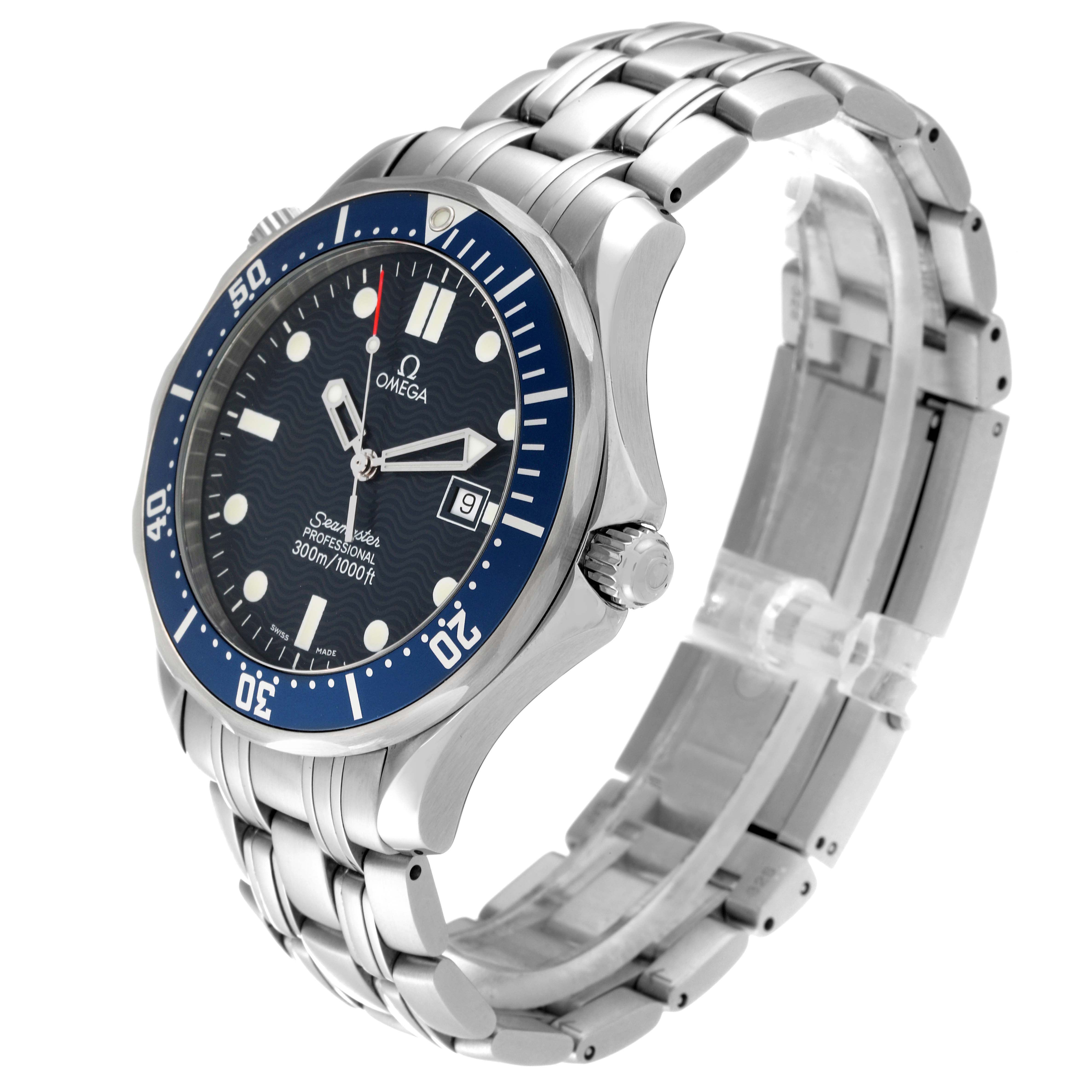 The Omega Seamaster 2541.80.00 Men
s Stainless Steel Blue Dial 2541.80.00 Men
s Stainless Steel Blue Dial watch is shown at an angled view, displaying its dial, bezel, bracelet, and crown.