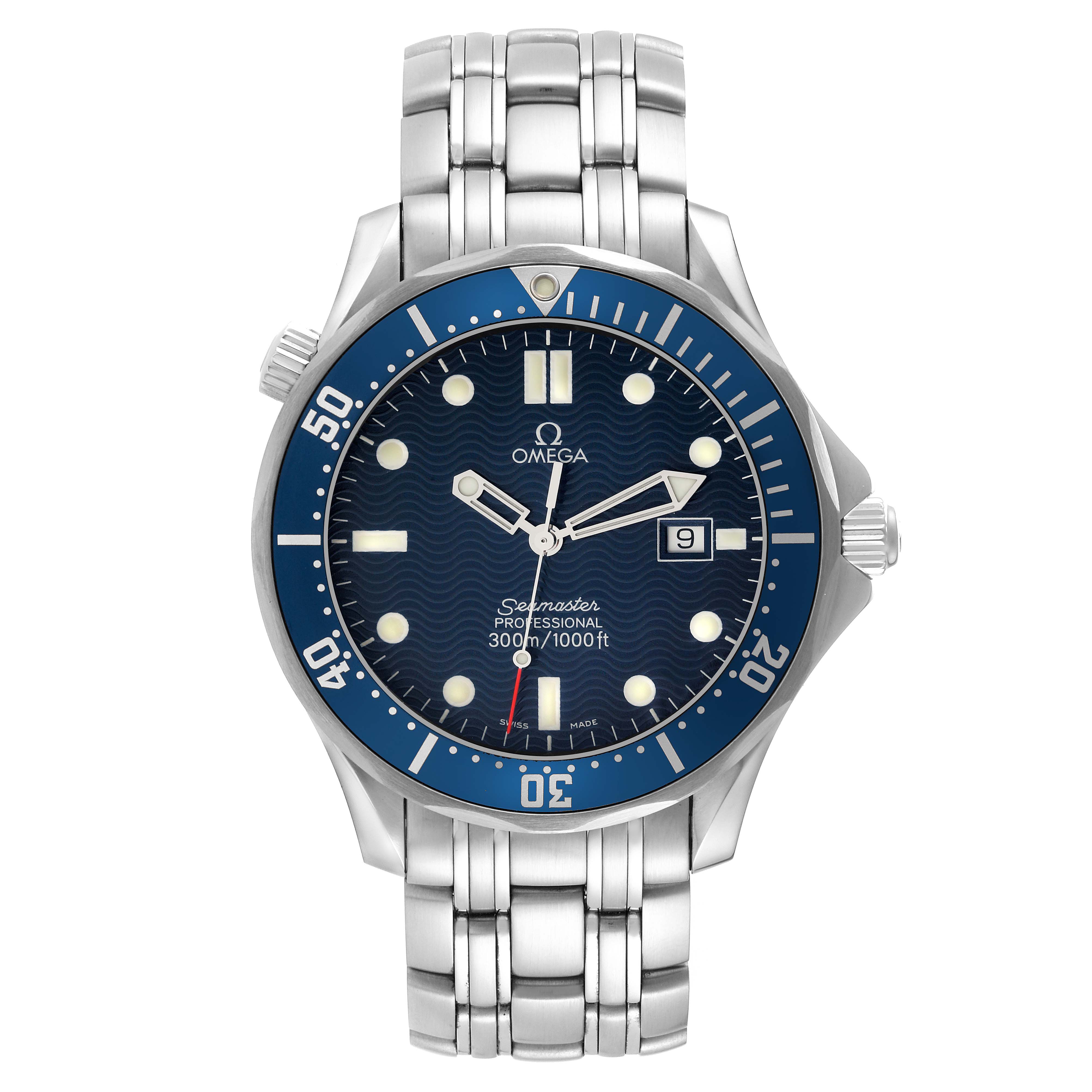 The Omega Seamaster 2541.80.00 Men
s Stainless Steel Blue Dial 2541.80.00 Men
s Stainless Steel Blue Dial watch is shown from the front, highlighting the dial, bezel, crown, and stainless steel bracelet.