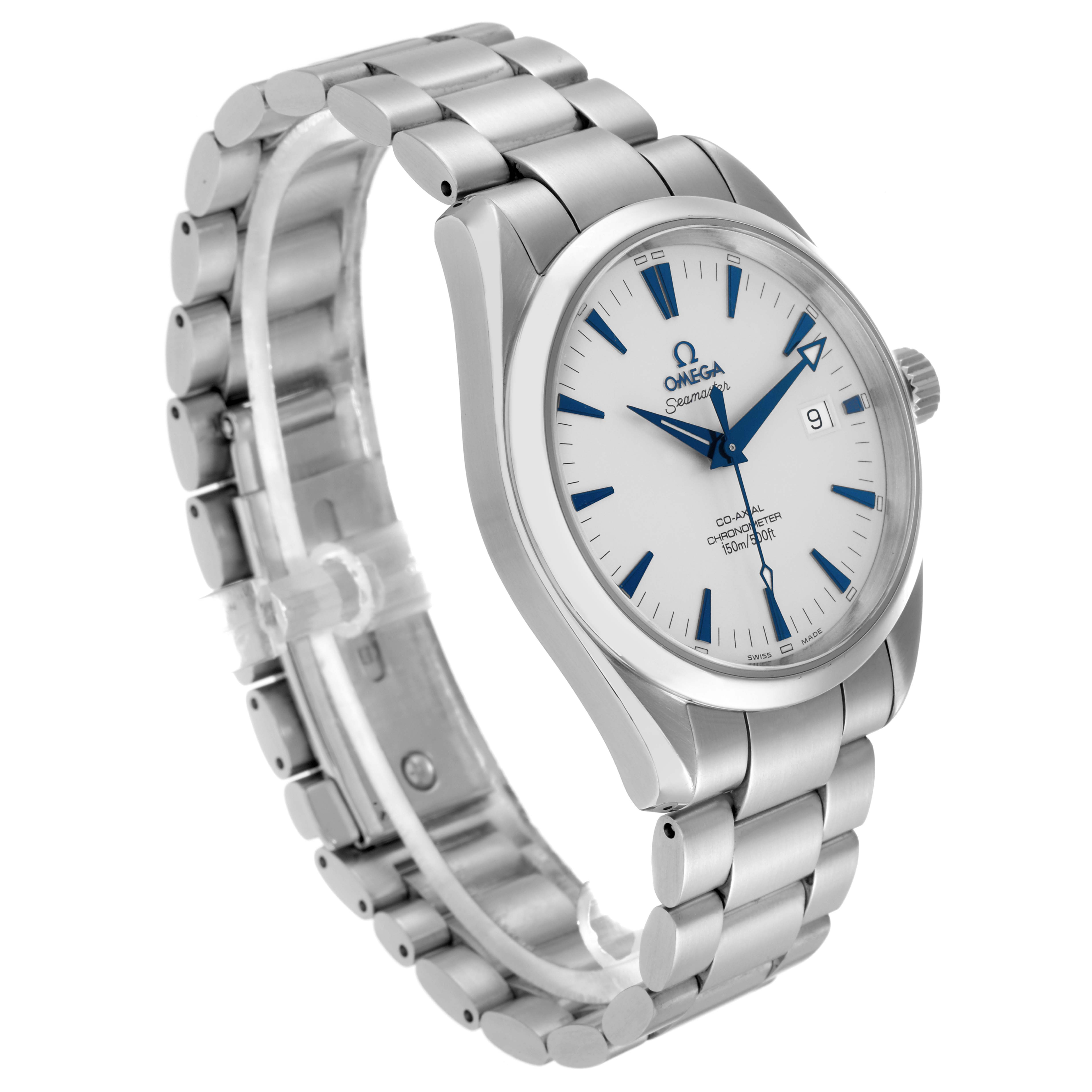The Omega Aqua Terra 2503.33.00 Men
s Stainless Steel Silver Dial watch is shown at a slight side angle, highlighting the face, crown, and bracelet links.