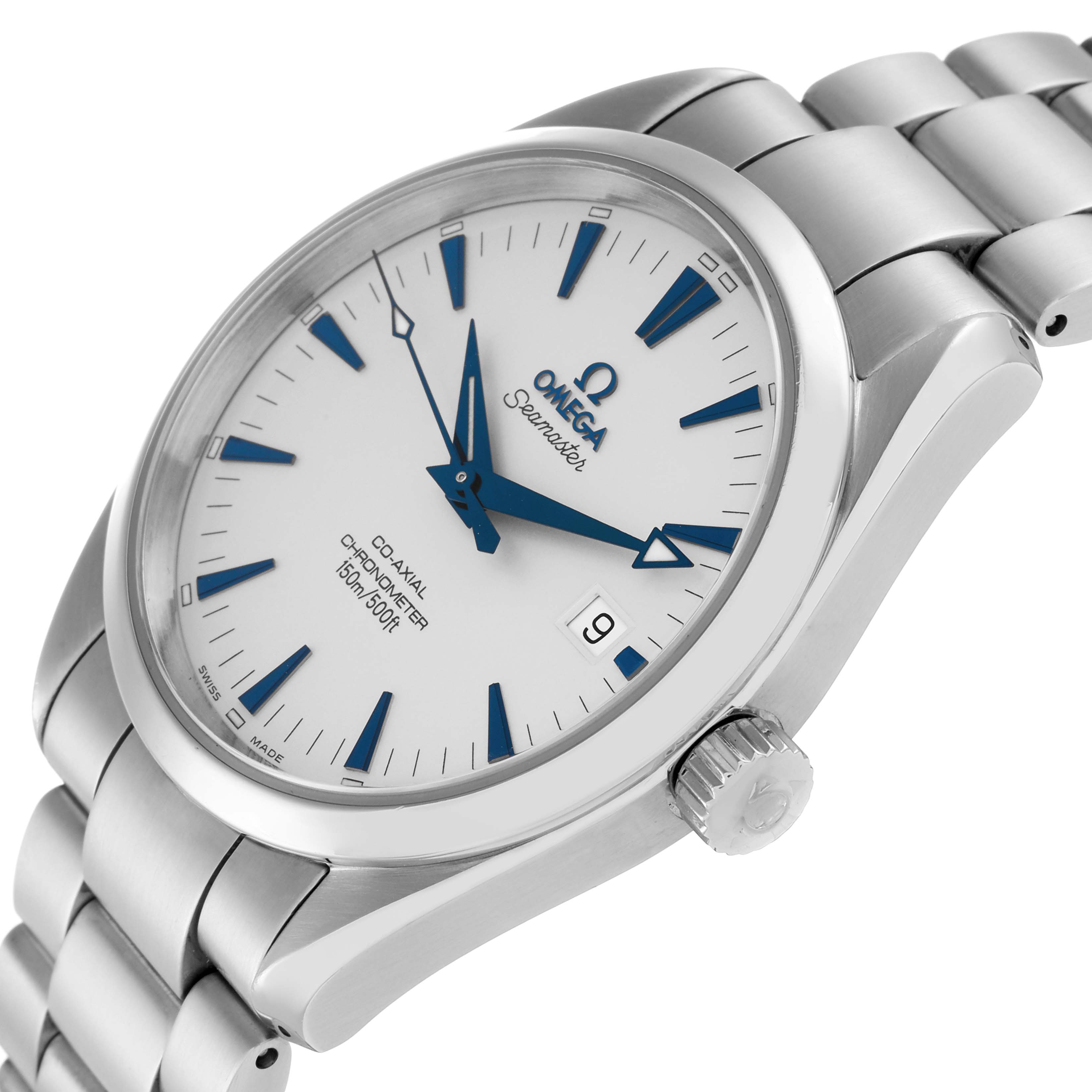 The Omega Aqua Terra 2503.33.00 Men
s Stainless Steel Silver Dial watch is viewed from an angled side showing the face, bracelet, crown, and part of the bezel.