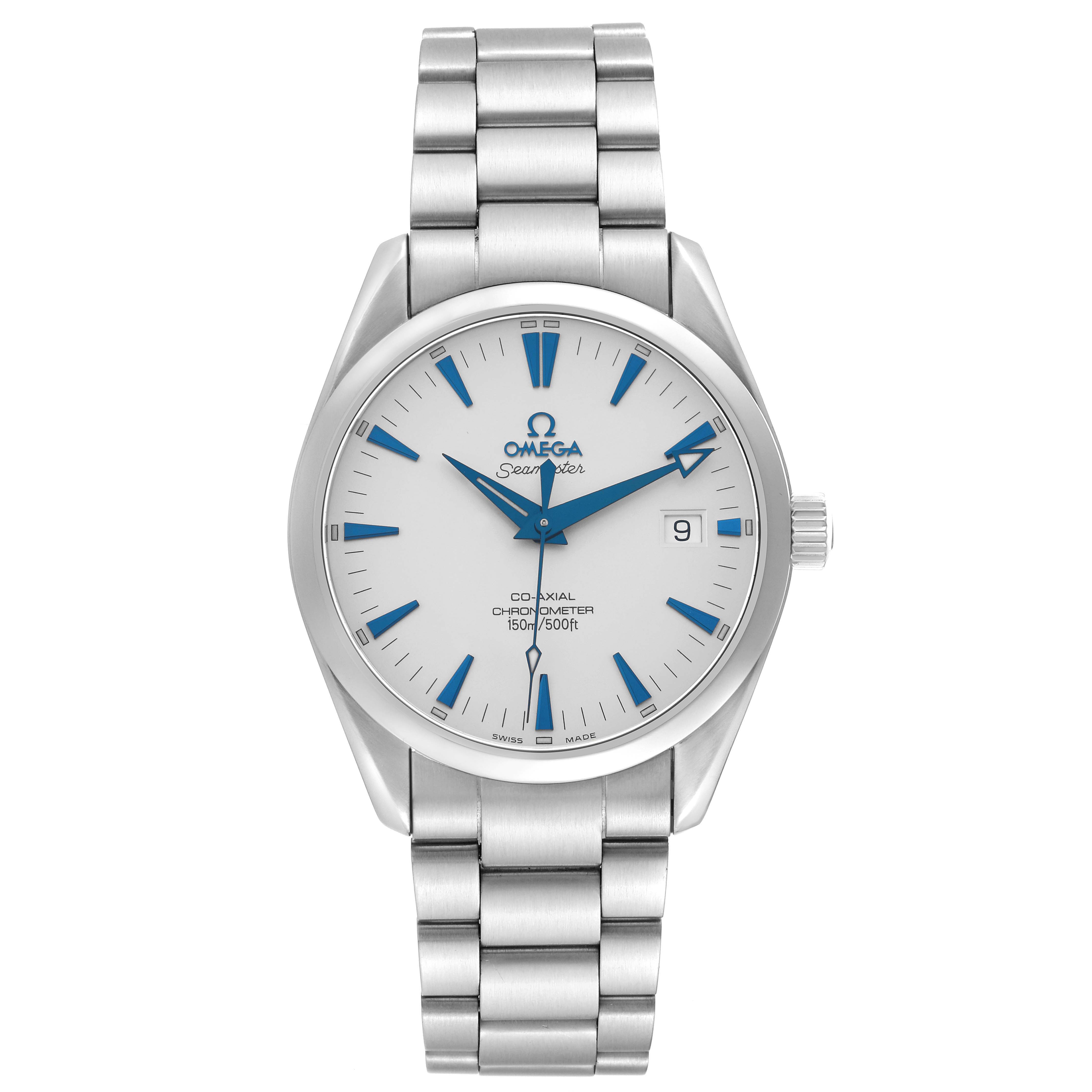 The Omega Aqua Terra 2503.33.00 Men
s Stainless Steel Silver Dial watch is shown from a front angle, displaying the face, bracelet, and crown.
