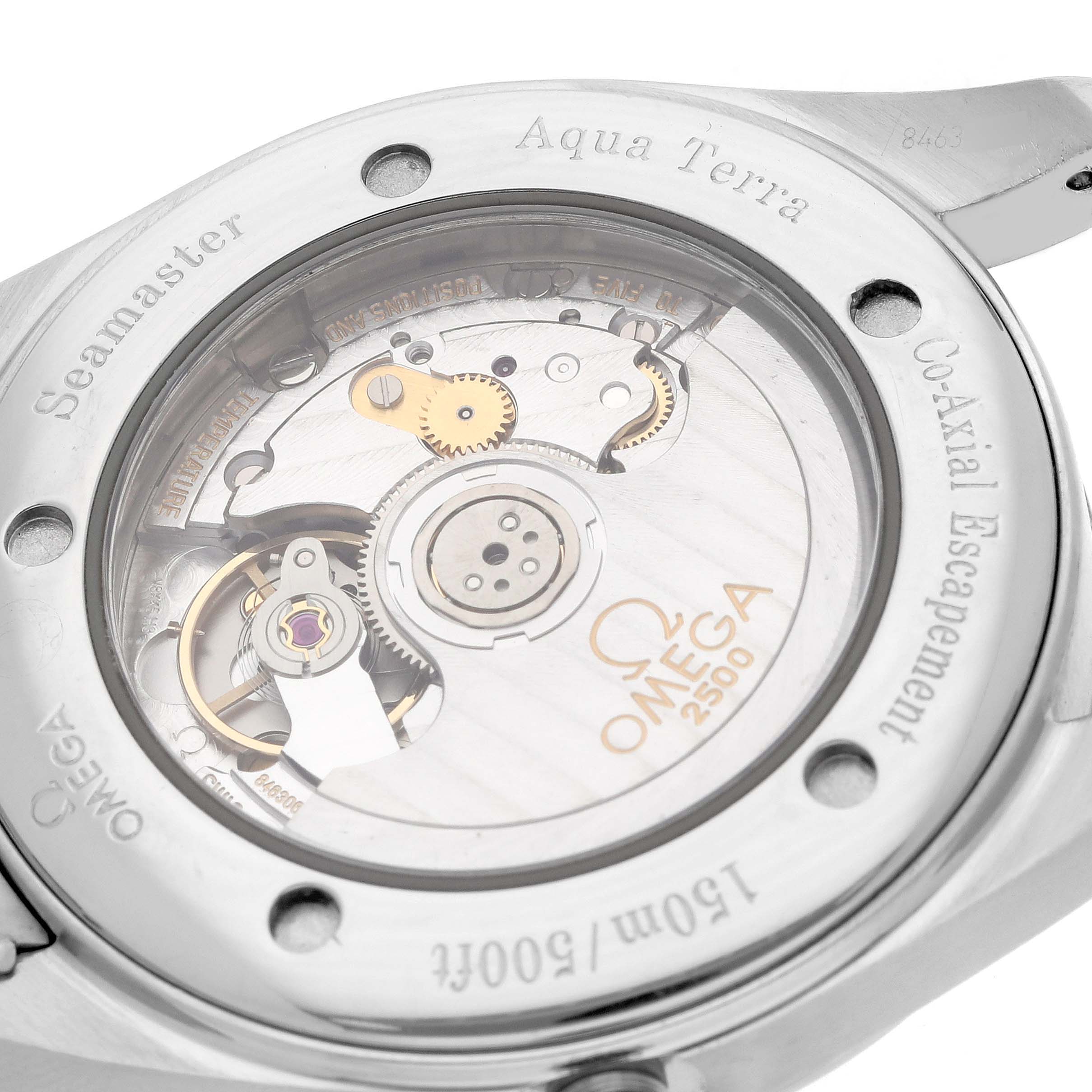 The image shows the back of the Omega Aqua Terra 2503.33.00 Men
s Stainless Steel Silver Dial watch, highlighting the visible movement with Co-Axial escapement.